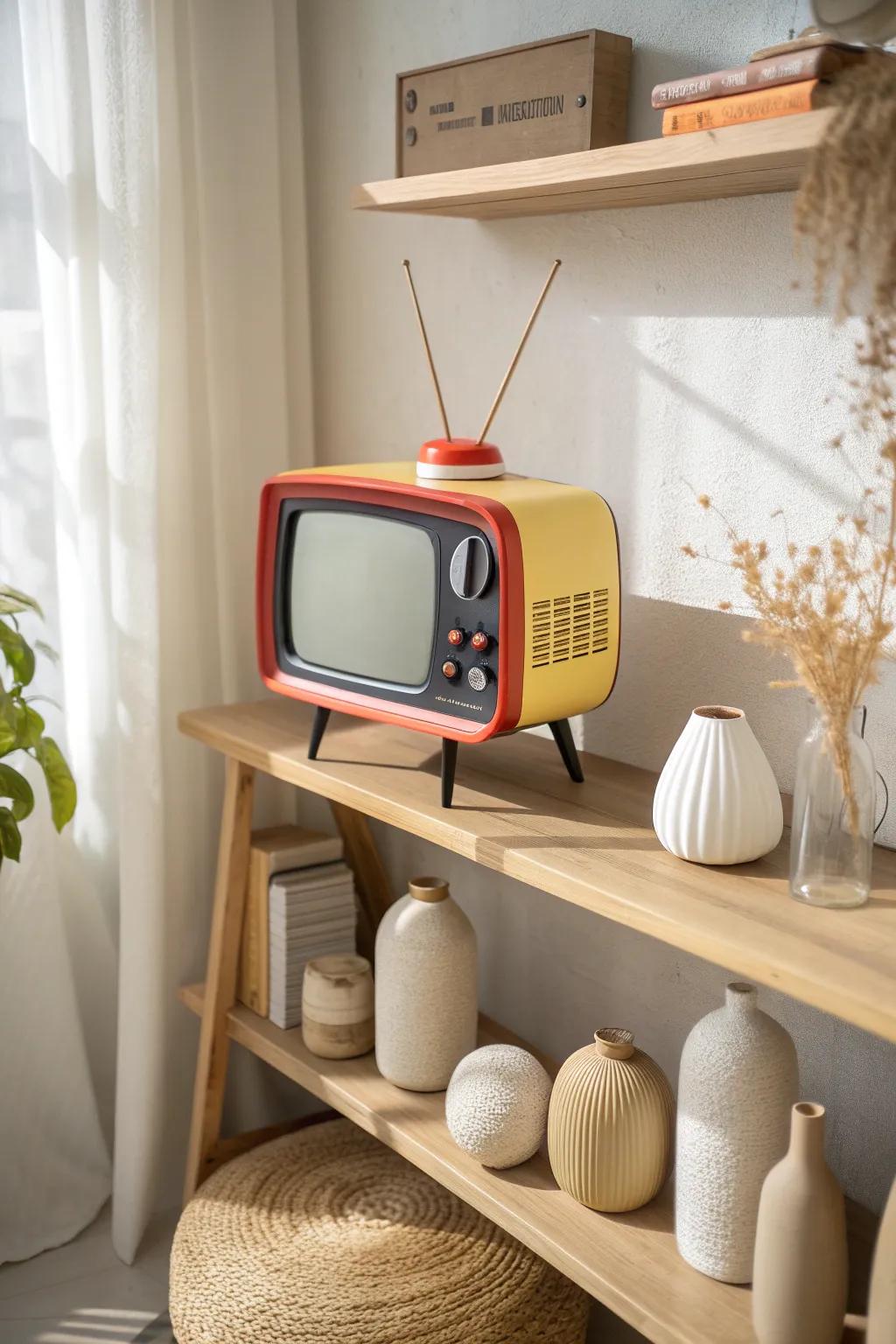 Nostalgia meets style with a retro TV sculpture that sparks memories.