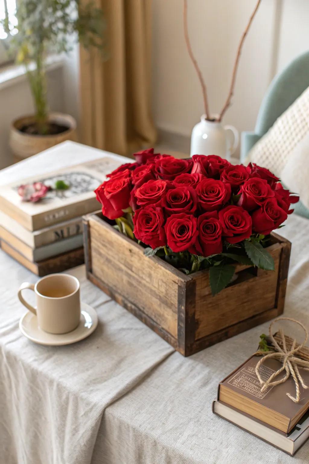 Bring cozy charm with a rustic box brimming with red roses.