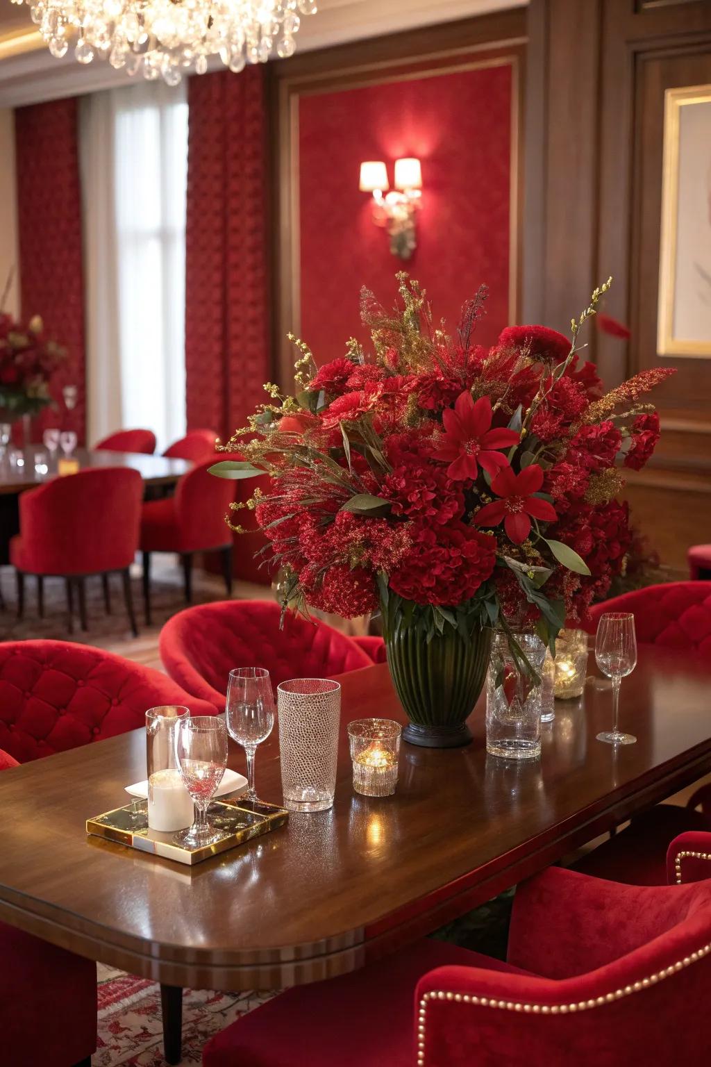 Red floral arrangements add a lively and fresh touch to your dining decor.