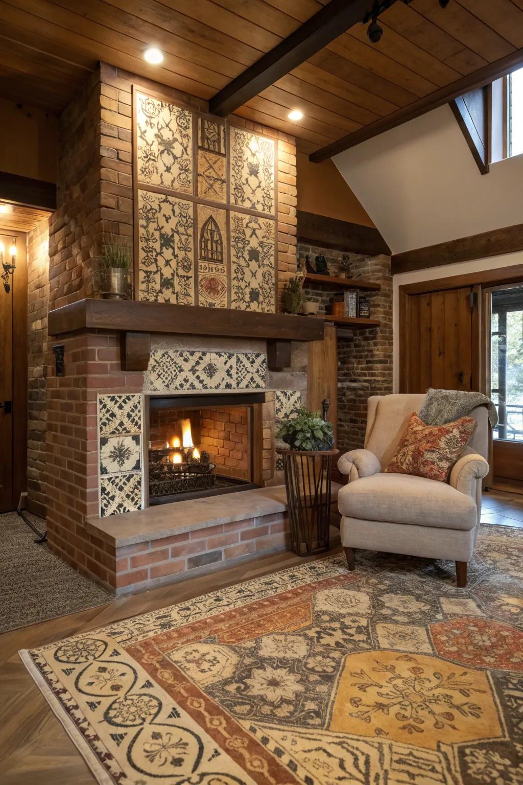 Tile accents add a splash of personality and color to rustic fireplaces.