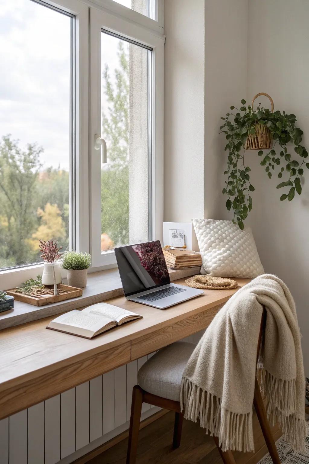 Harness natural light with a window sill desk that keeps your workspace bright and cheerful.