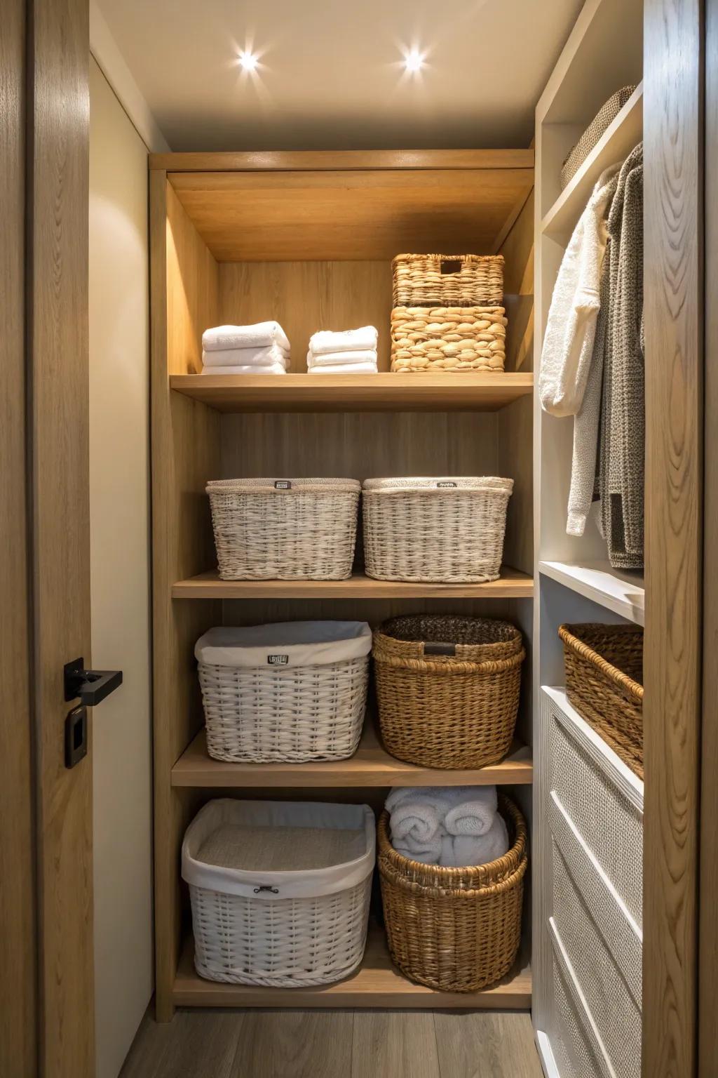 Organize with flair using baskets that combine function and style in your laundry closet. #OrganizedHome #CozySpace 🧺