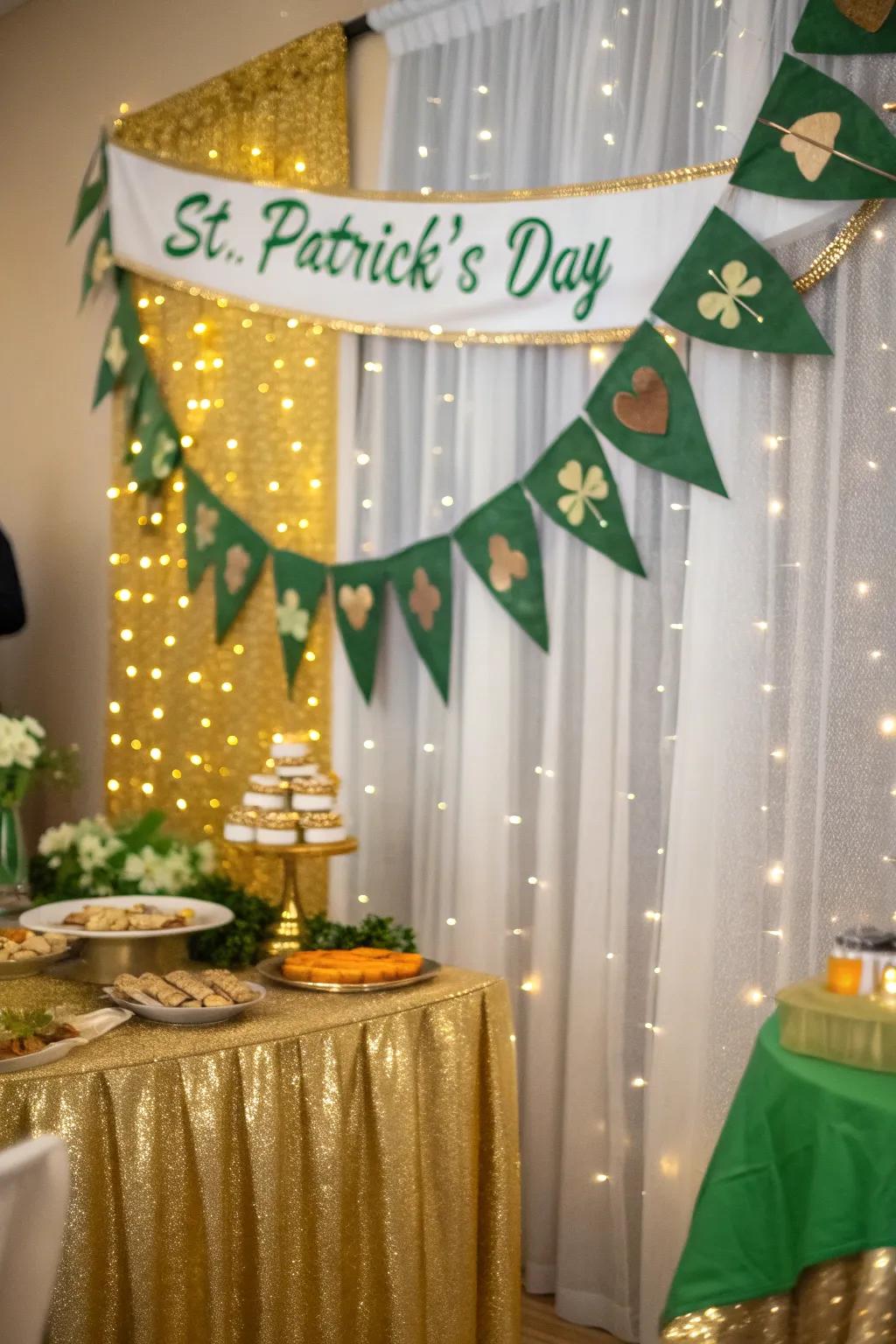 Transform your space with green and gold banners that add a festive touch to your celebration.