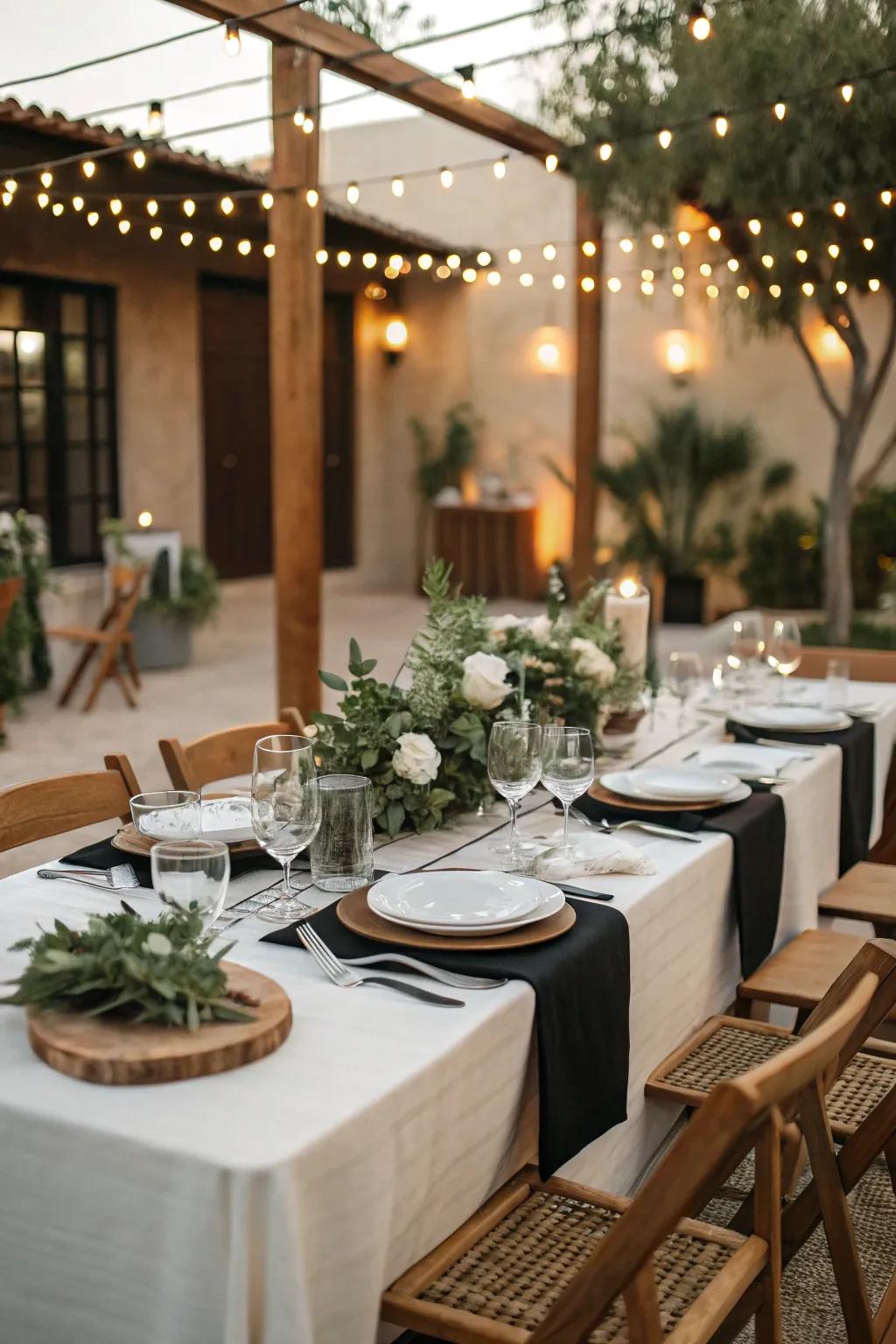 Achieve chic elegance with a neutral palette of black, white, and wood tones.