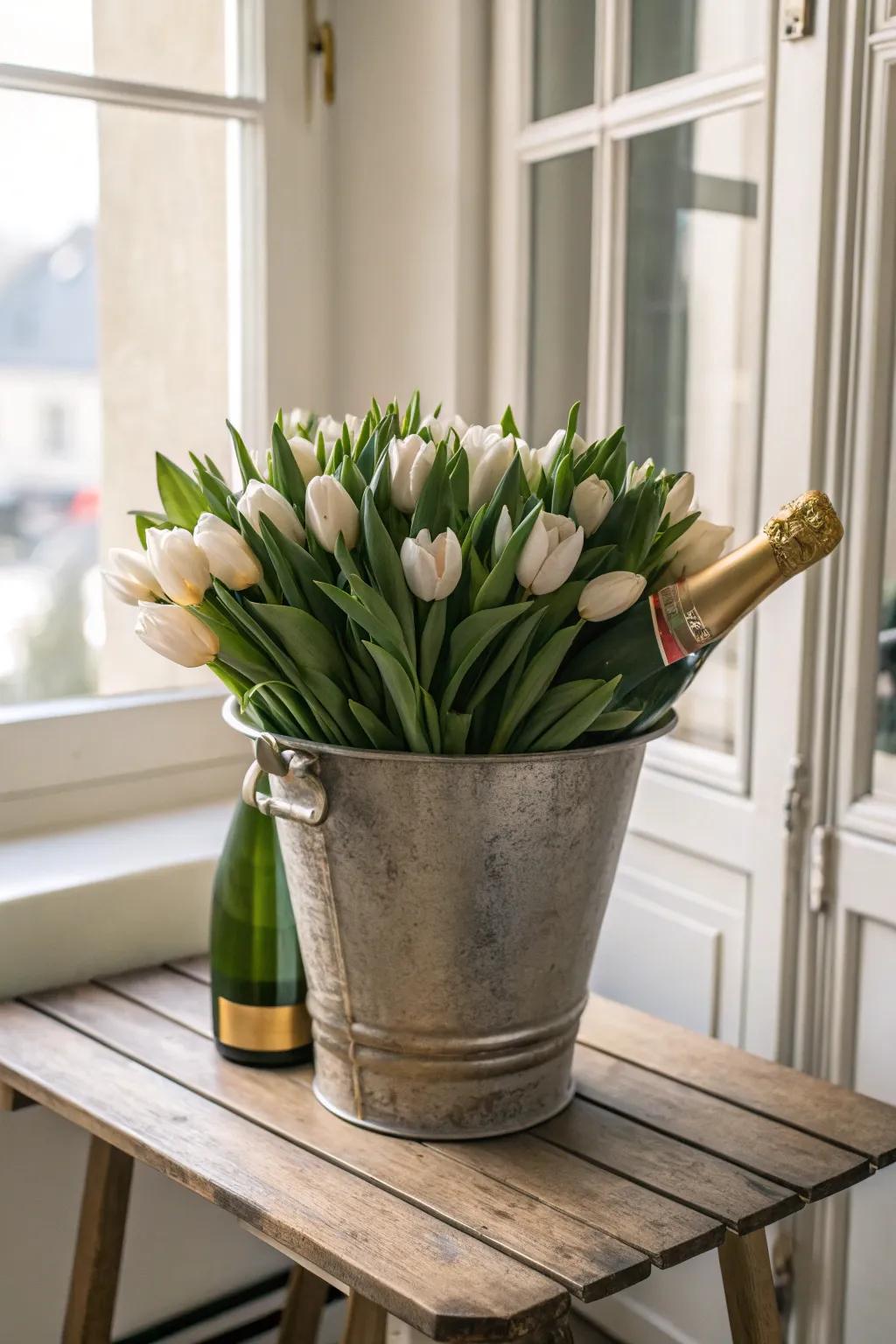 Make a bold statement with tulips in vintage champagne buckets.