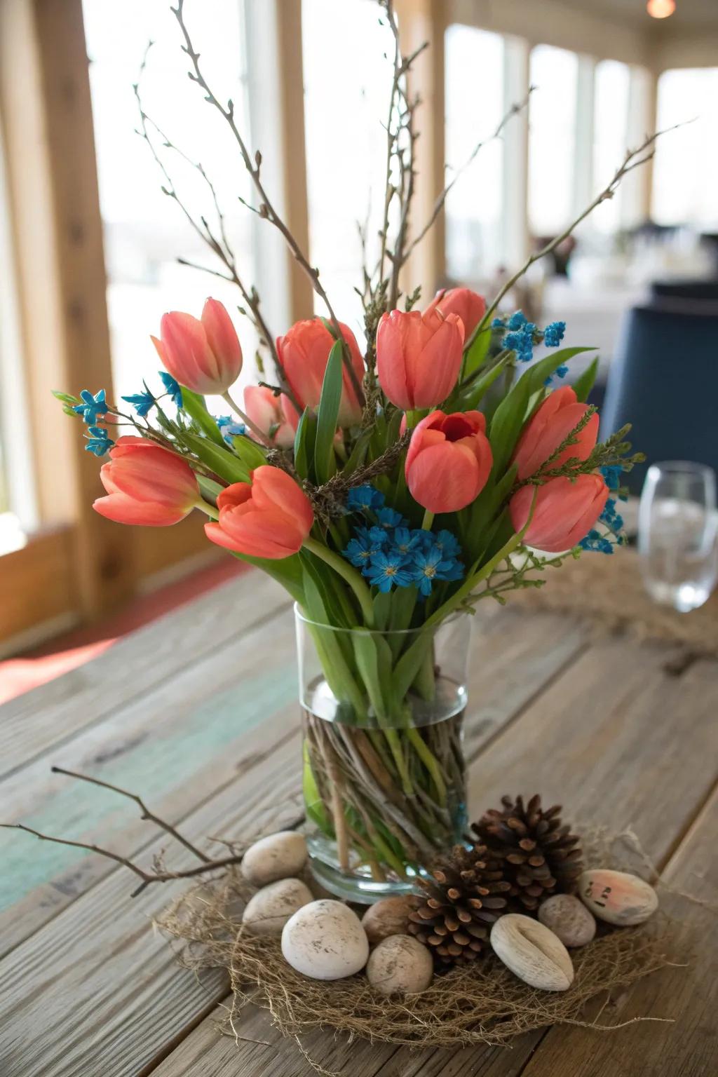 Bring nature indoors with tulips and natural elements for a rustic charm.