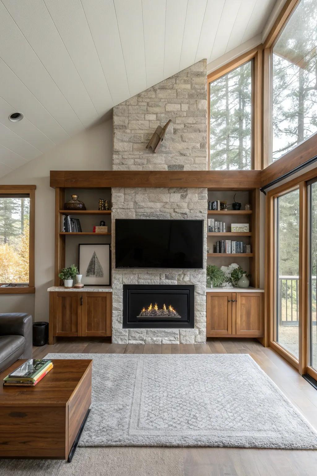 Make a statement with floor-to-ceiling fireplace and TV integration. #BoldDesign #ArchitecturalElegance