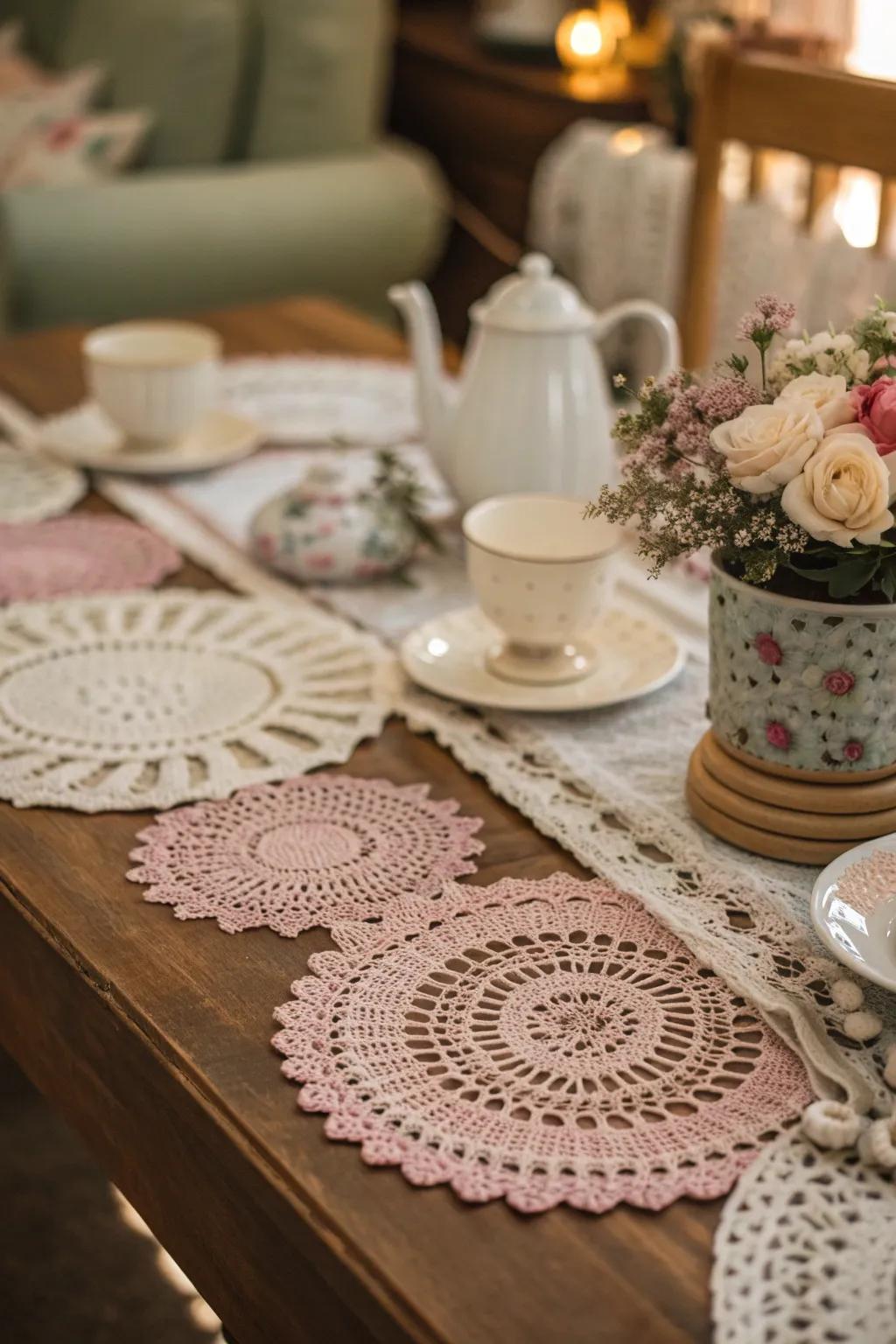 Add texture and charm to your table with delicate crochet doilies.