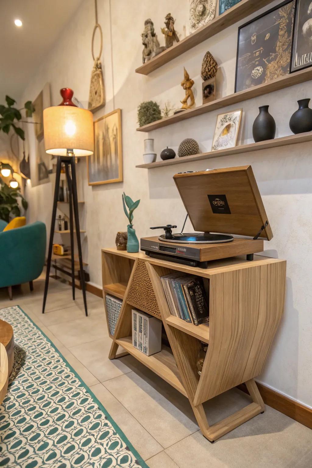 Add personality with eclectic decor accents. 🎭 #EclecticDecor #VinylRoom