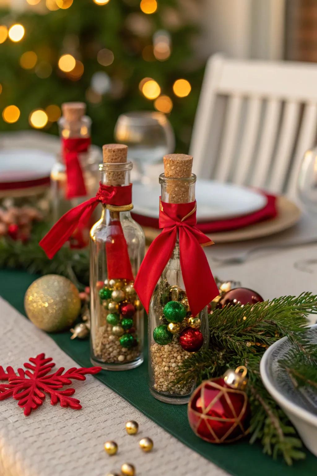 Add a unique touch to your holiday table with festive mini bottle decor. 🎄 #HolidayDecor #FestiveTable