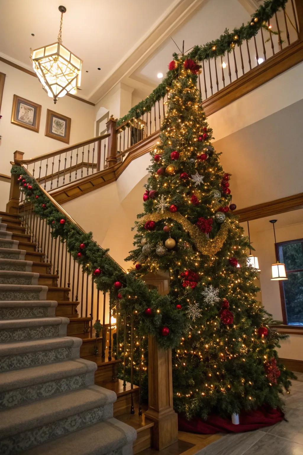 Elevate your holiday decor with a tree on the staircase, adding elegance and charm to your home.