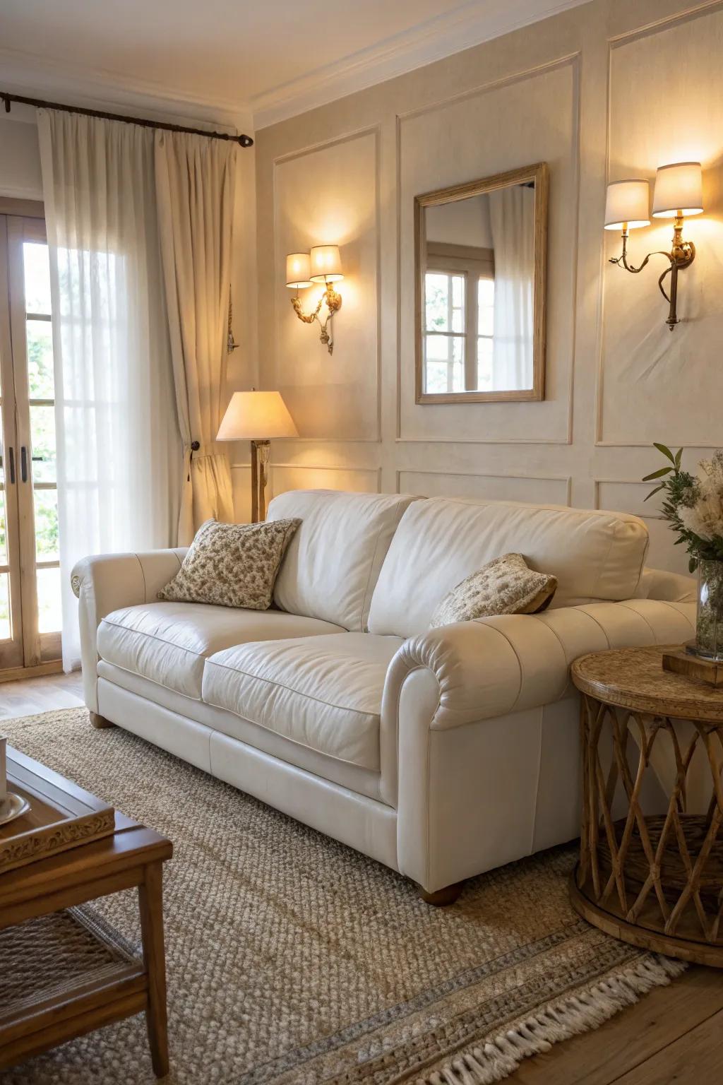 Layered lighting casts a warm glow over a serene white leather sofa setting.