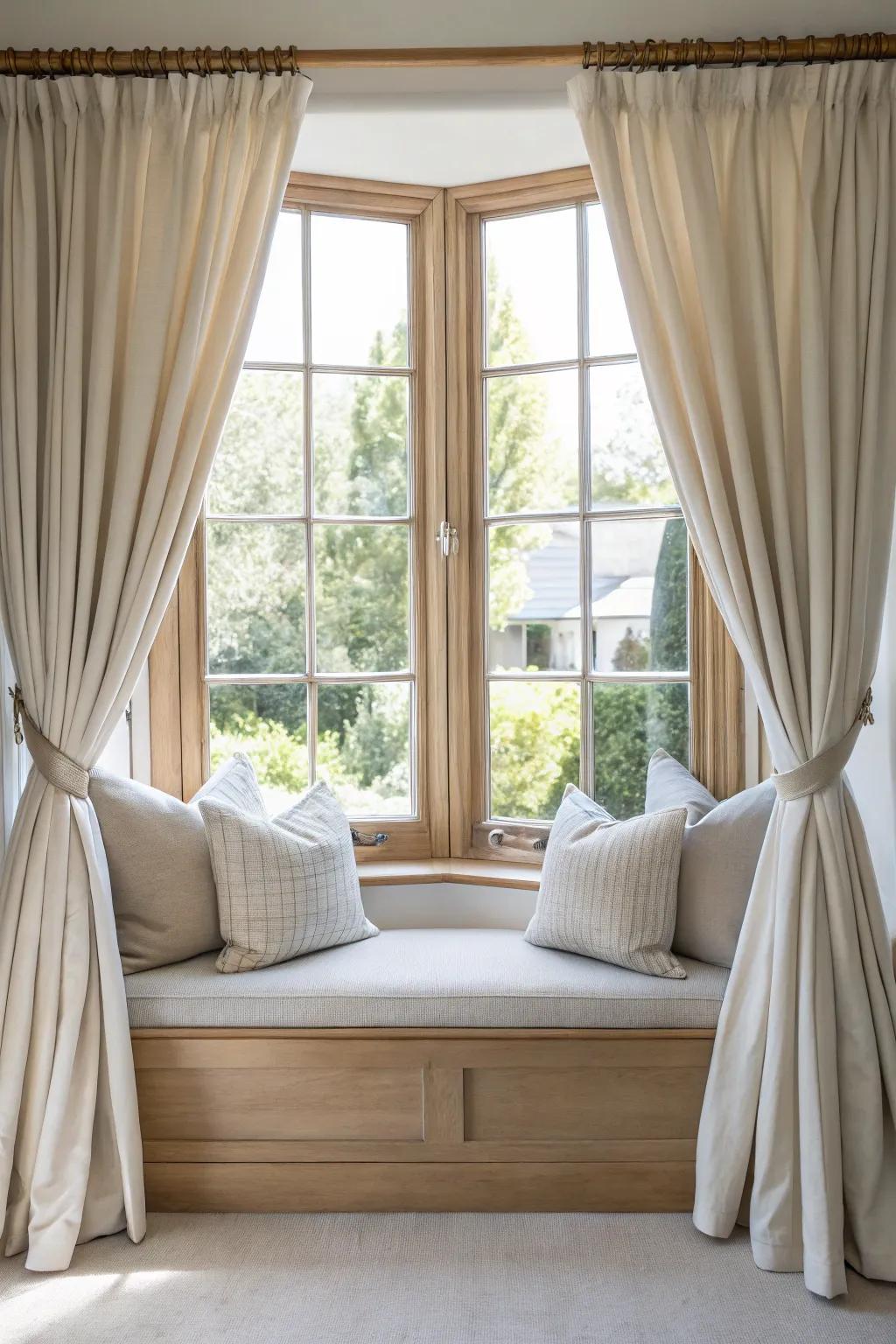 Tiebacks add a graceful touch and practicality to your window seat curtains.