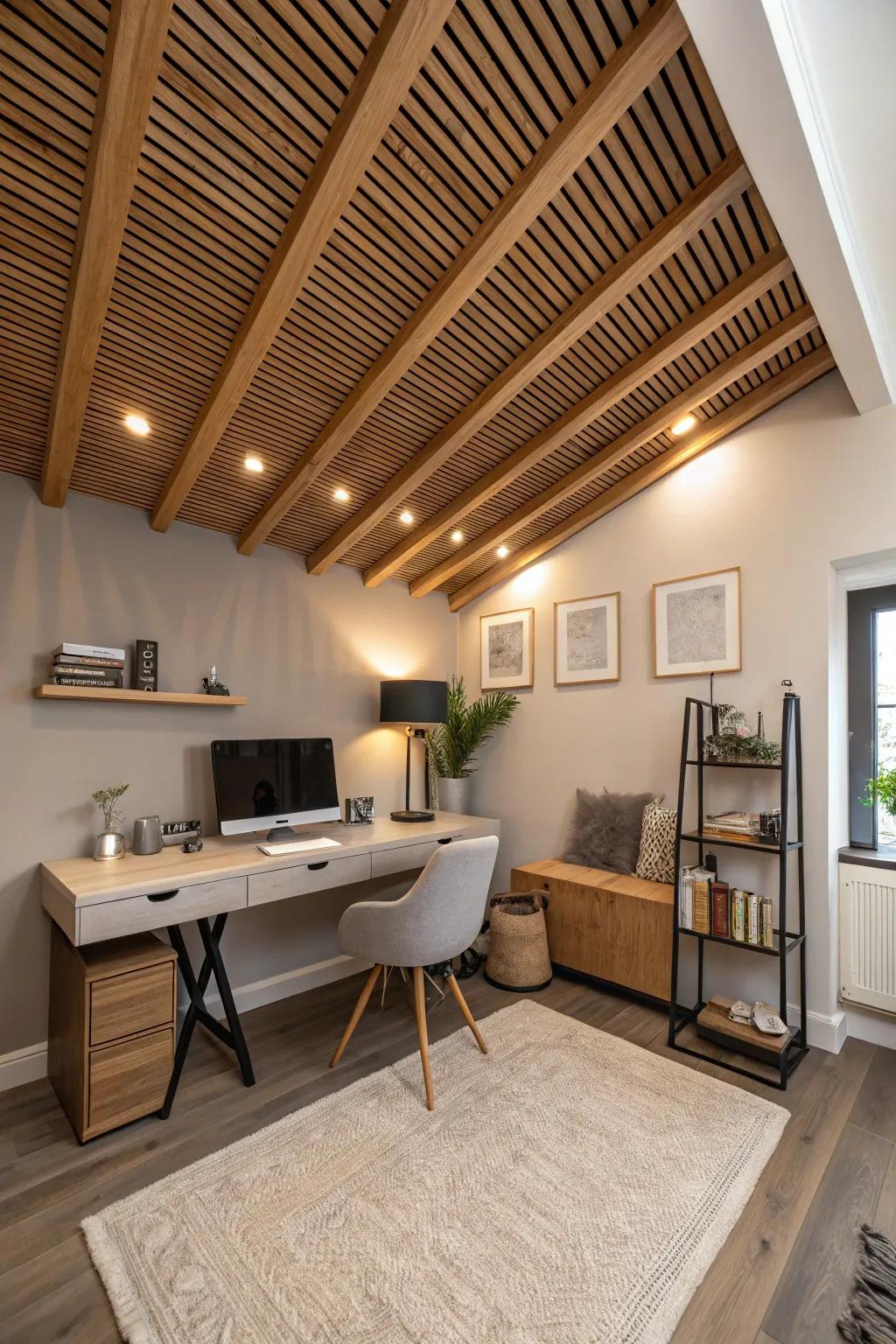 Boost your productivity in a stylish home office with an inspiring wood slat ceiling. ✨ #OfficeDesign #ProductivityBoost