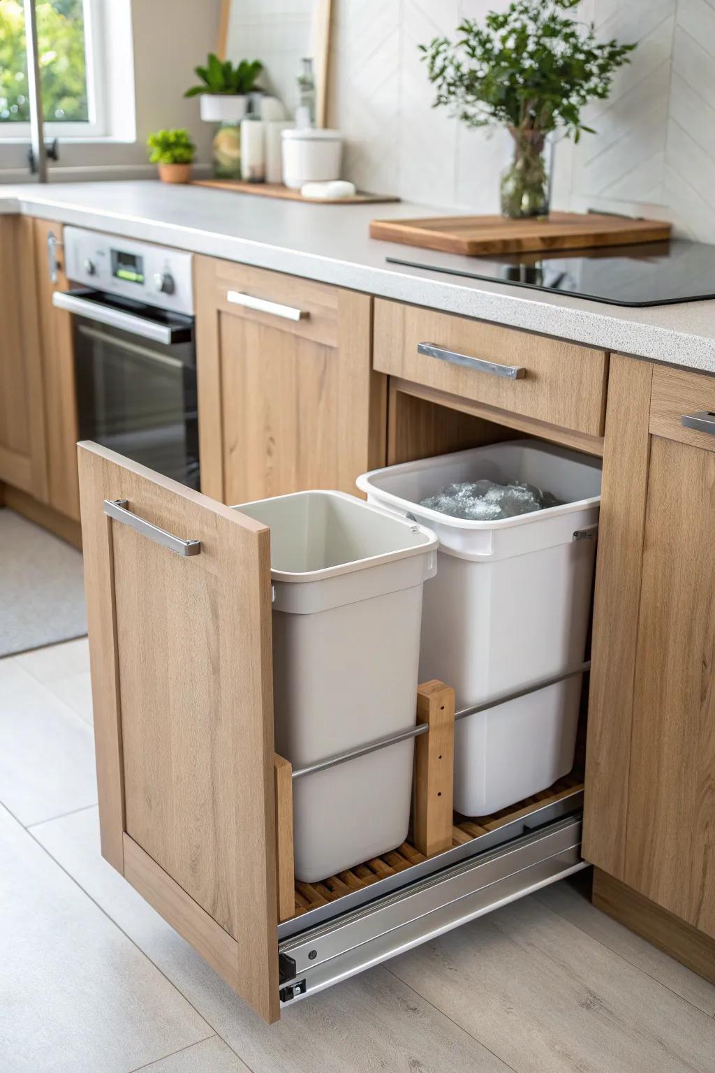 Maintain a clean and organized kitchen with pull-out trash bins that tuck away seamlessly.