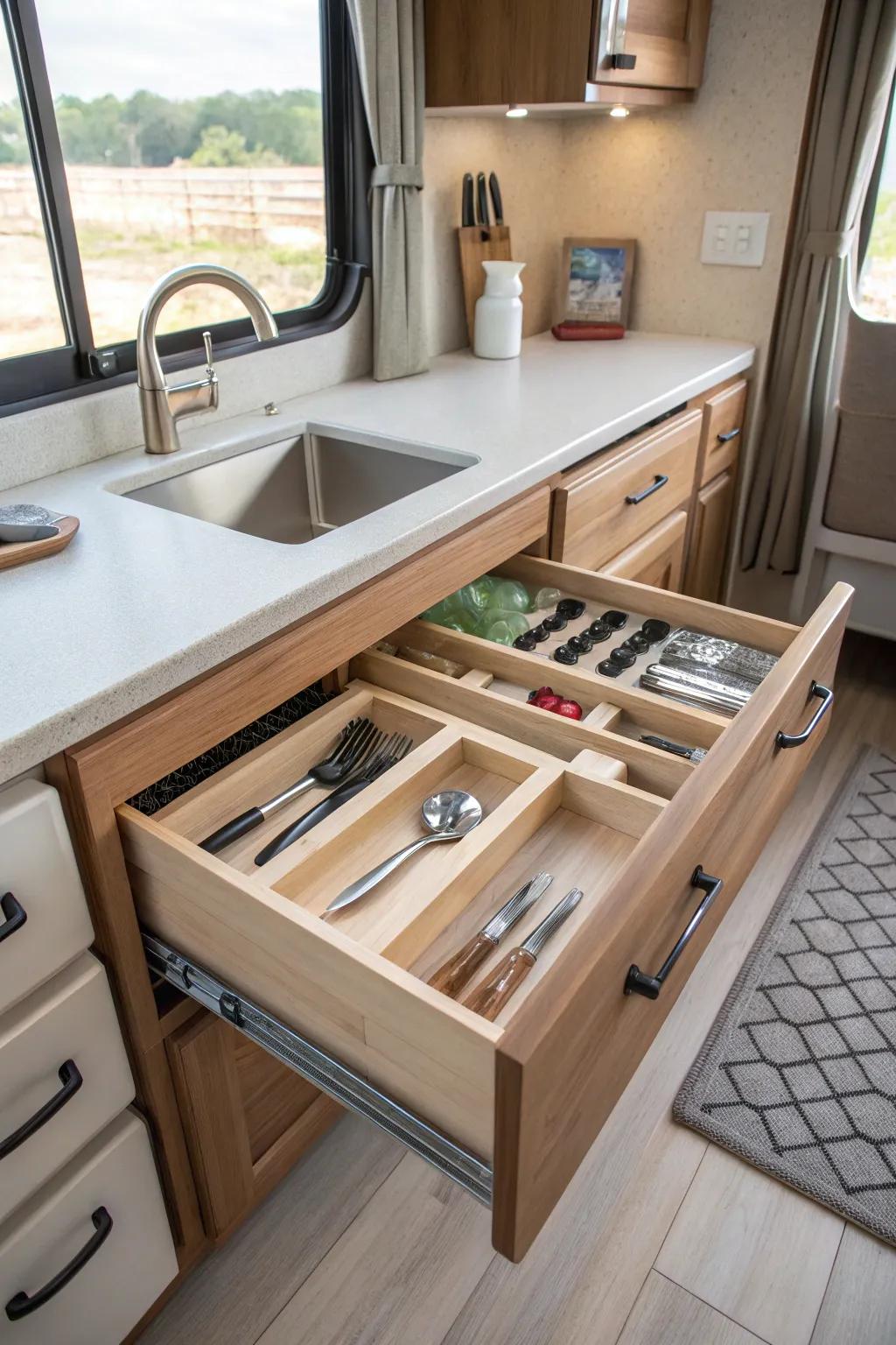 Divide and conquer your drawers for ultimate organization. #DrawerDividers #RVKitchen