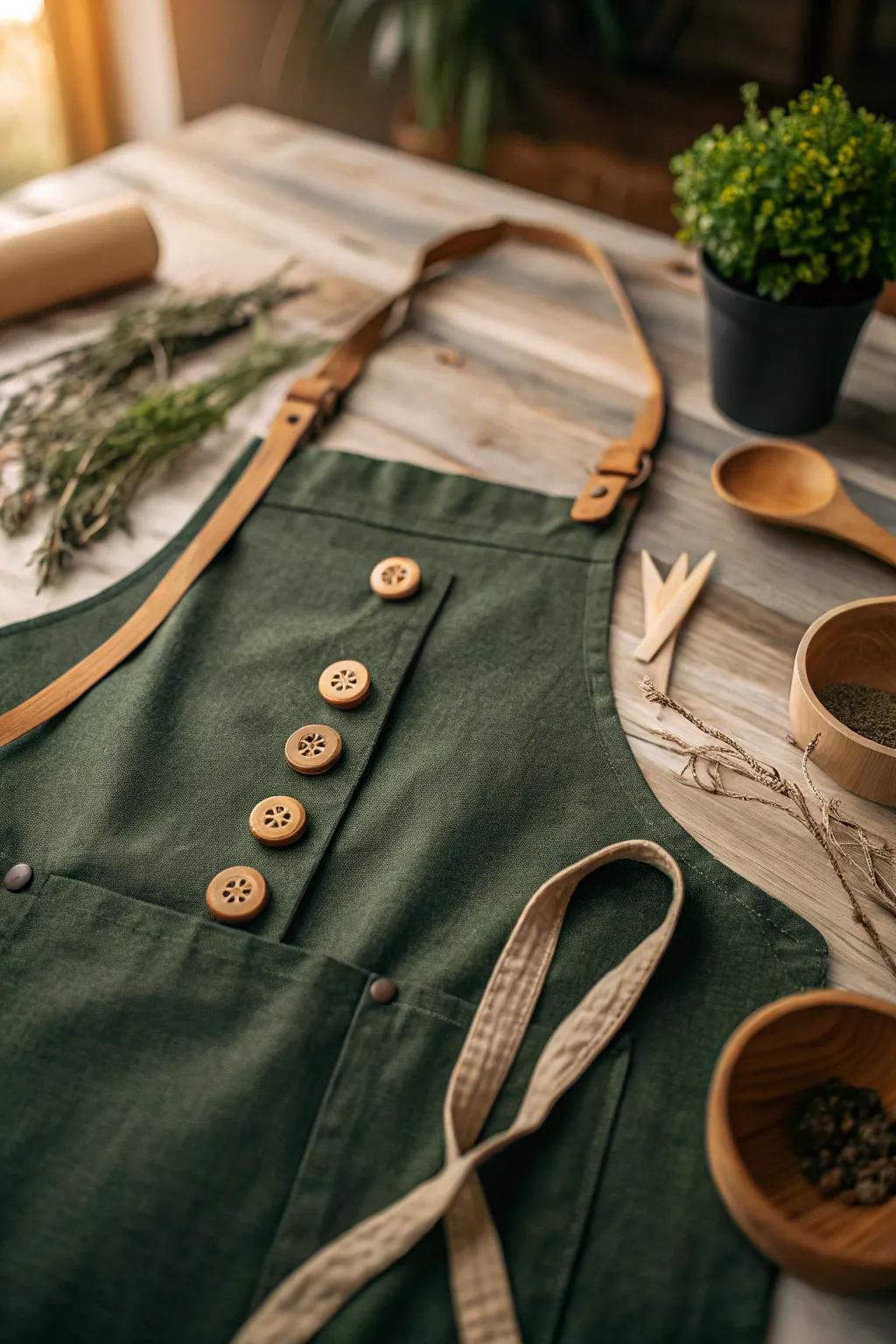 Embrace nature with earthy elements for a stylish apron look. #EcoStyle #NaturalDecor