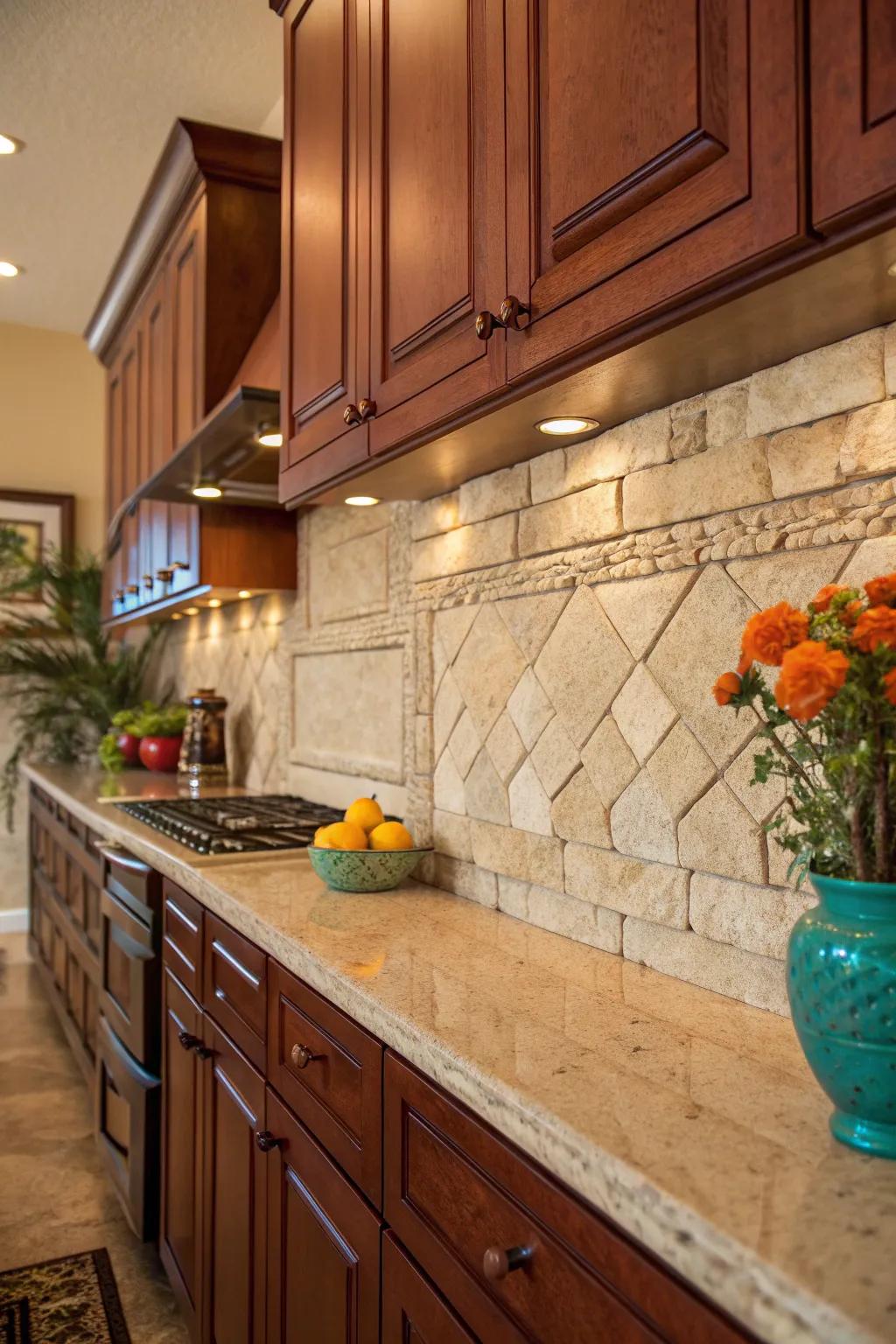 Travertine tiles add rustic charm, creating a cozy ambiance with cherry wood.