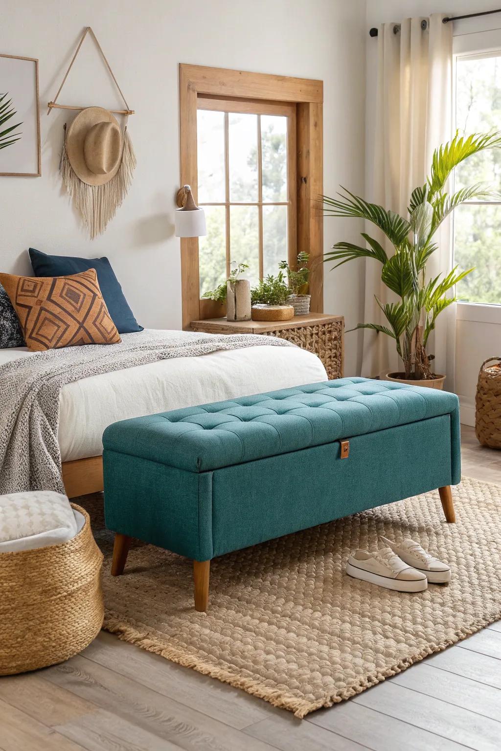 Add a splash of personality to your space with an eclectic storage bench that catches the eye.