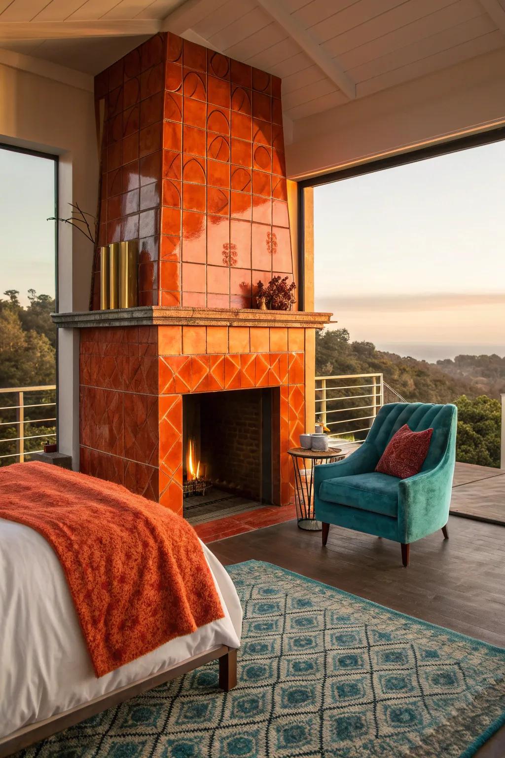 A fireplace brings warmth and charm, creating a cozy bedroom retreat.