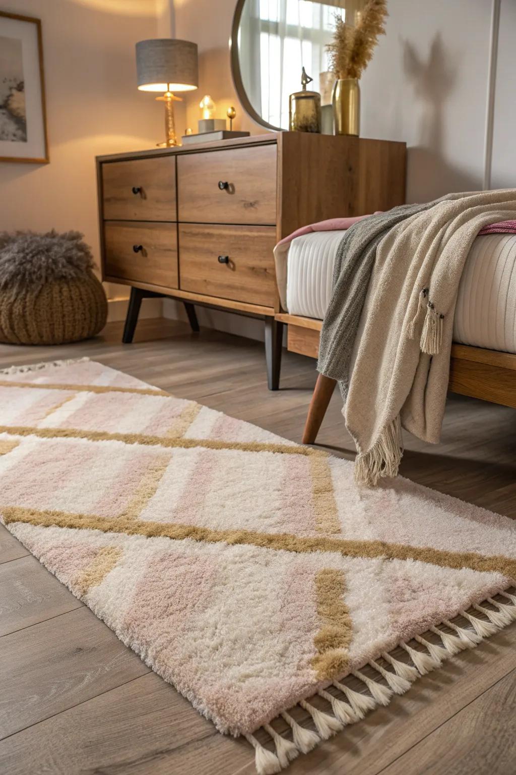 Add luxury and protect your floors with a small rug under your dresser or vanity. 🌟 #BedroomLuxury #InteriorStyle #HomeInspo