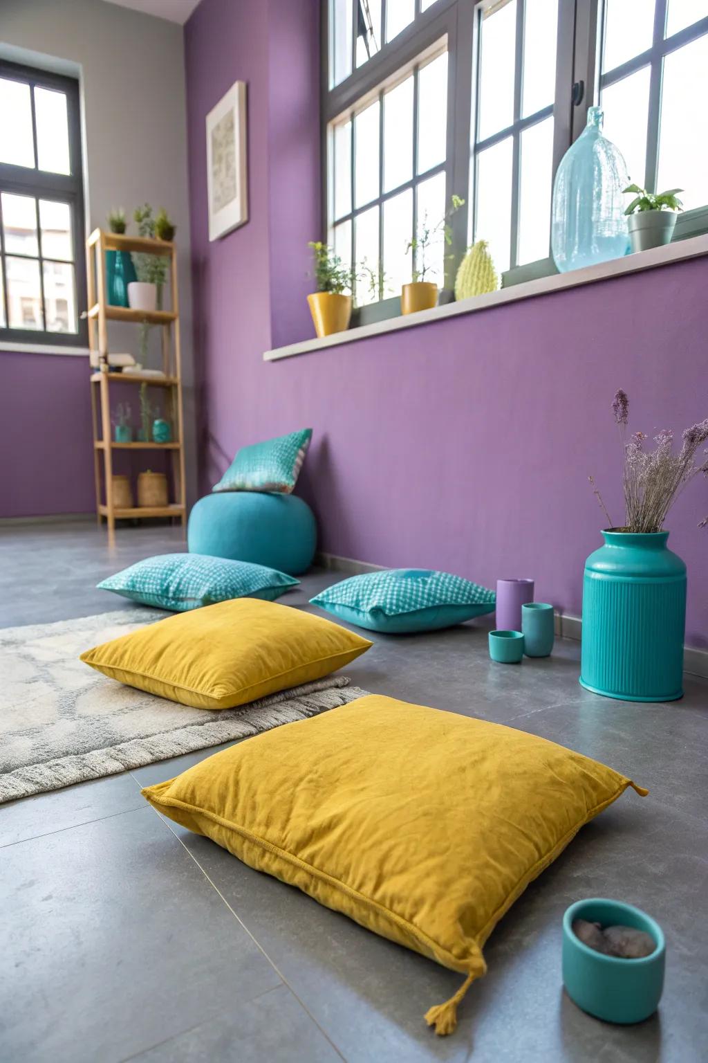 Lavender walls bring a touch of sophistication and calm to any creative space.