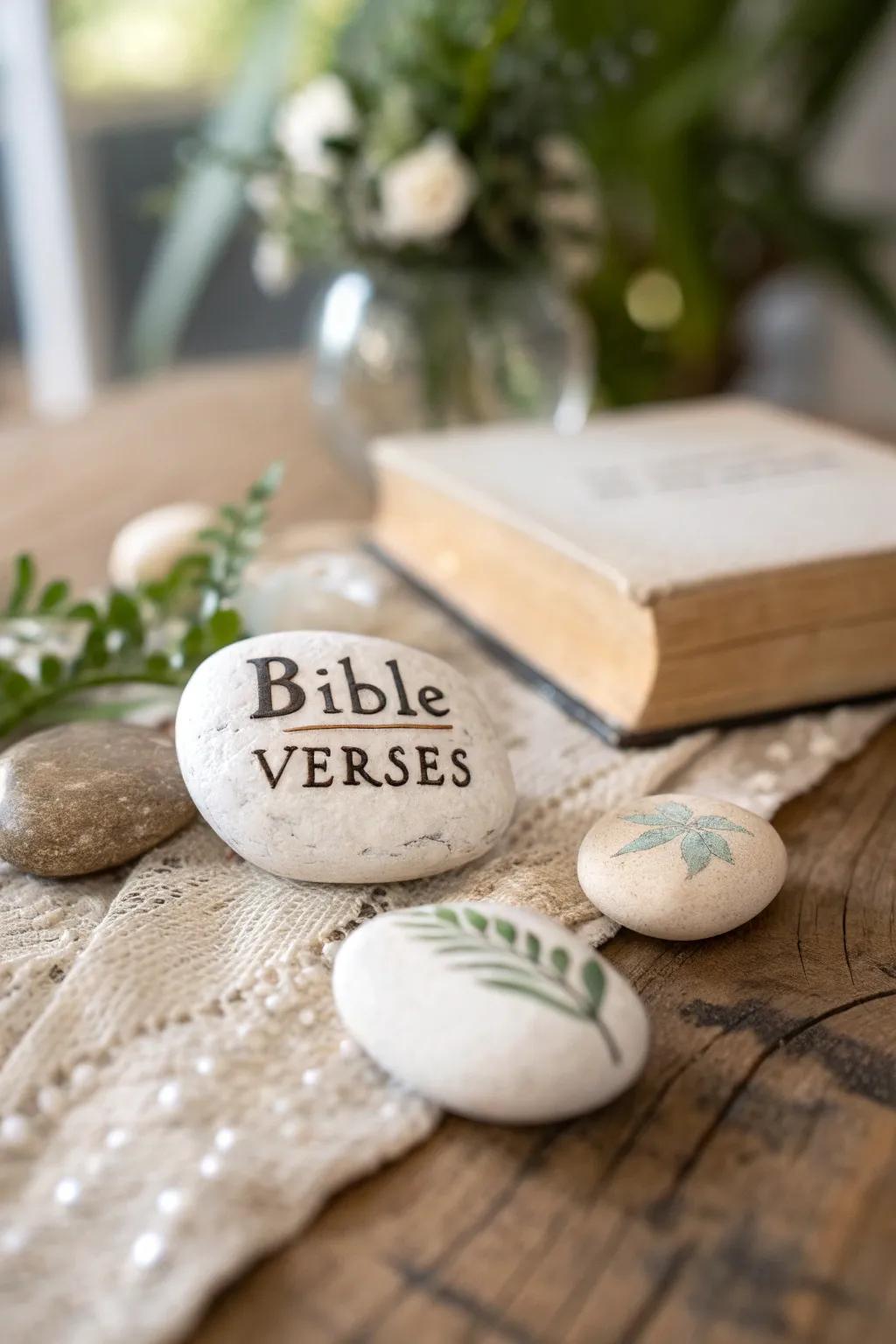 Get creative with hand-painted stones featuring your favorite verses. #StoneArt #GardenDecor