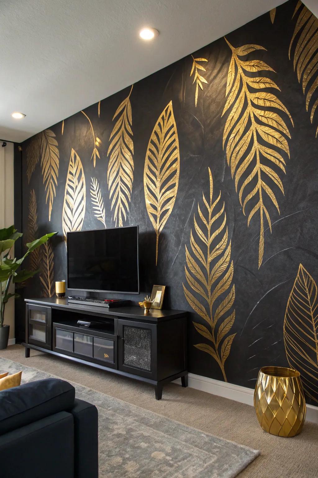Embrace artistic flair with shimmering gold leaf accents on your striking black wall. 🌟 #ArtisticTouch #GoldLeaf