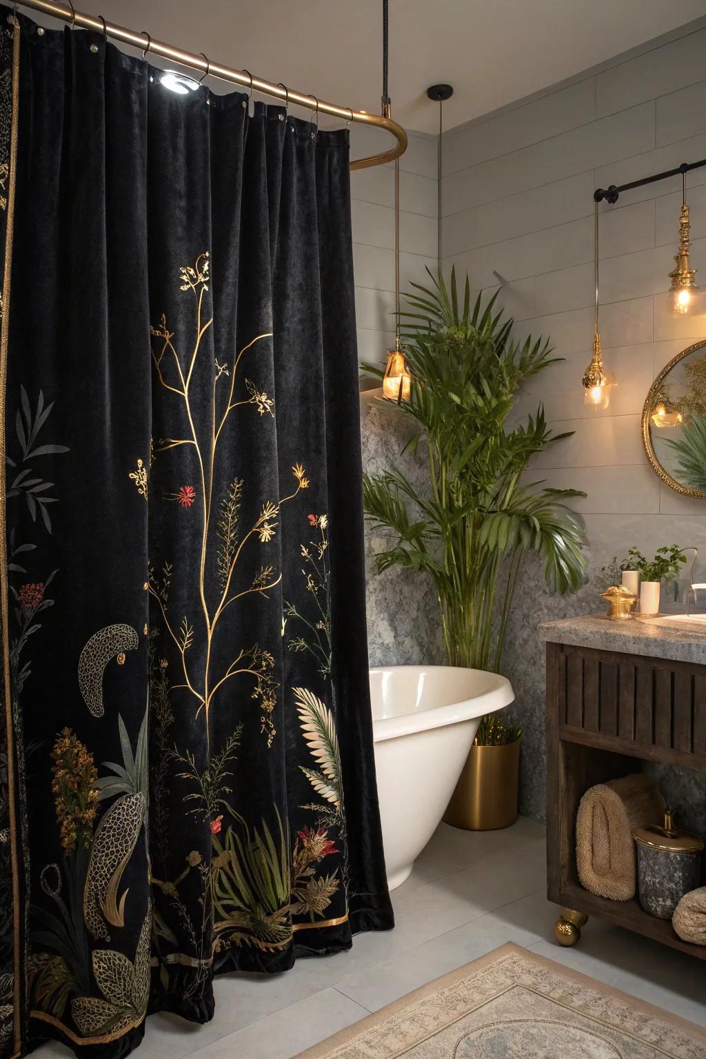 Express your creativity with a black shower curtain adorned with artistic prints.