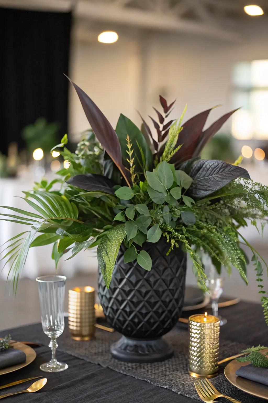 Nature meets sophistication with botanical centerpieces that feature black accents.