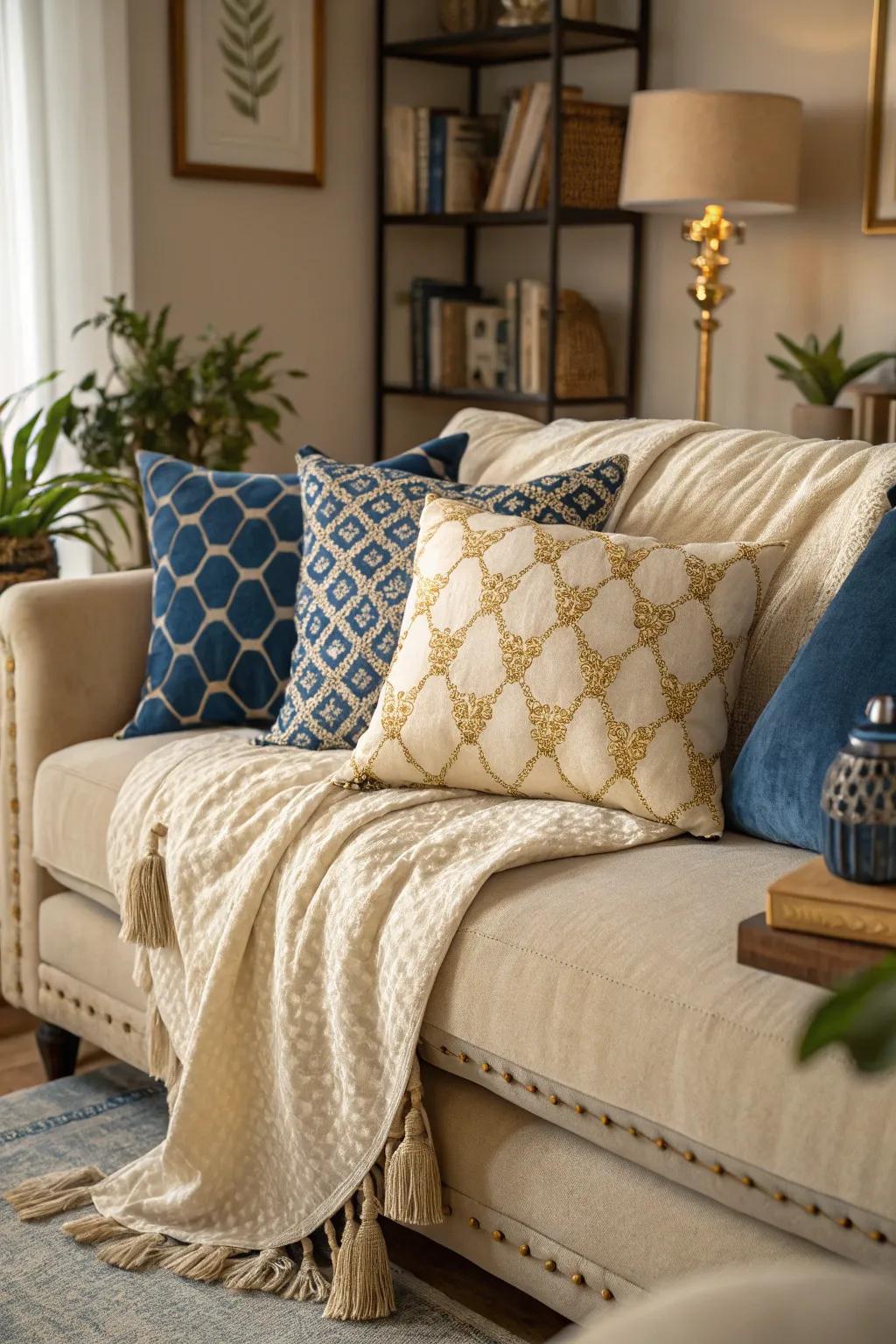Layered cushions in blue and cream create a plush and inviting atmosphere. 🛋️ #CushionLove #LivingRoomComfort