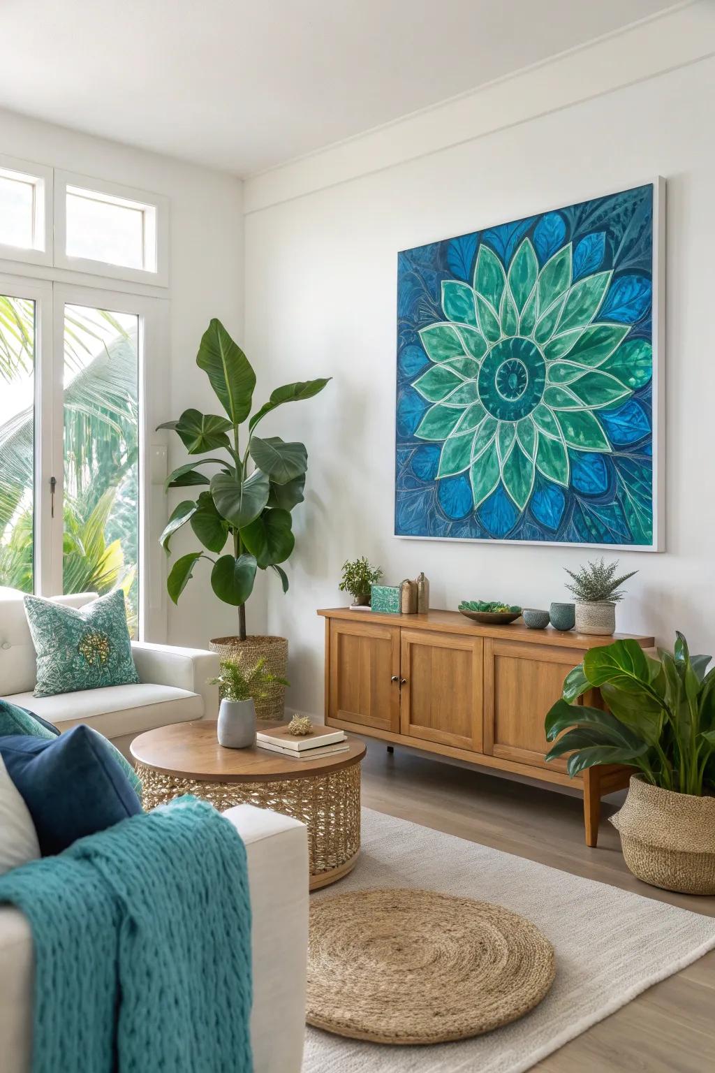 Statement art transforms your living room into a gallery of personal expression.