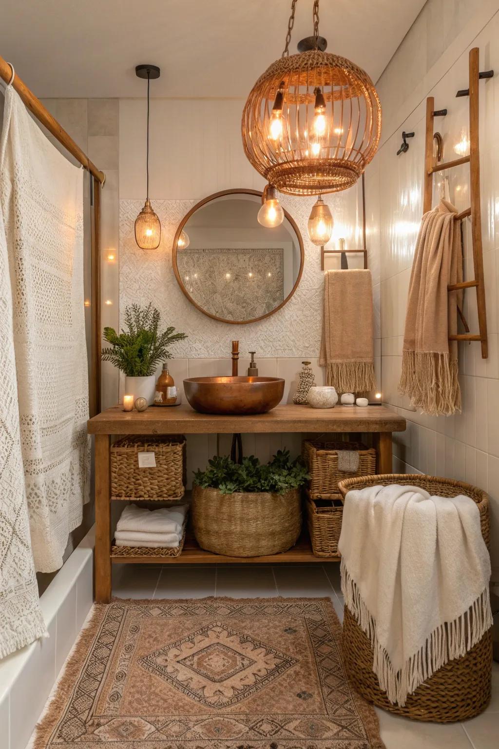 Copper accents bring warmth and glow, elevating the boho elegance. ✨ #CopperGlow #BathroomDecor