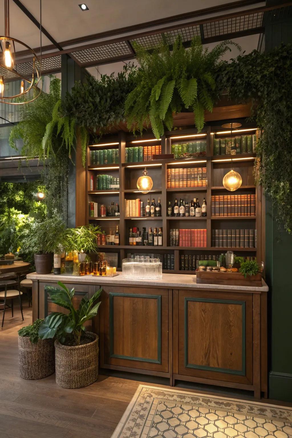 Infuse nature into your decor with a bookshelf bar that features lush greenery and natural textures.