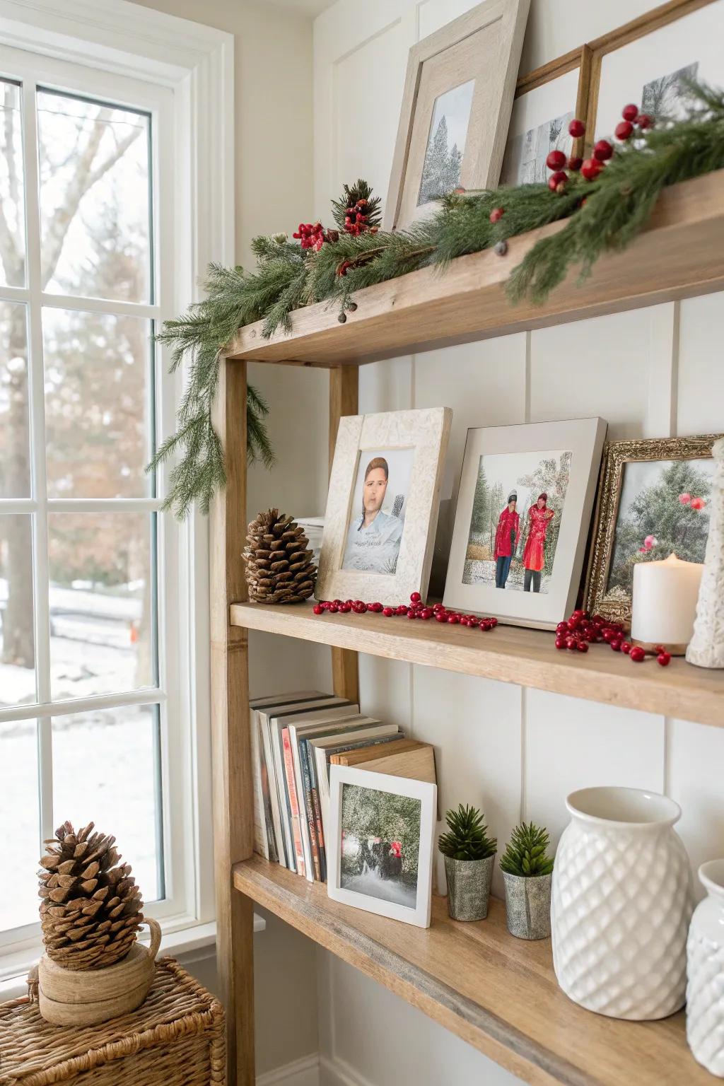 Showcase treasured memories in festive frames on your shelves.