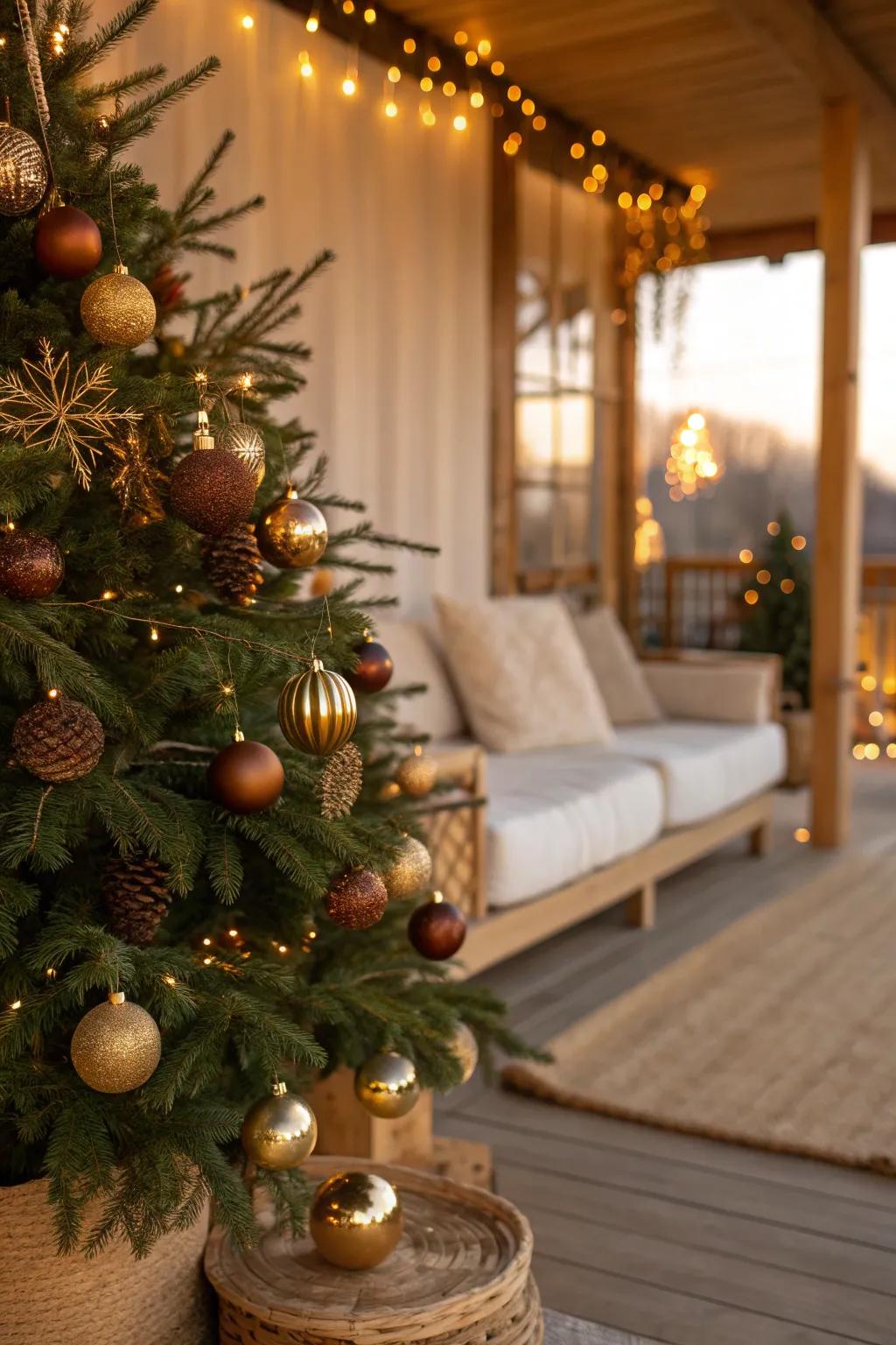 Gold and brown ornaments blend beautifully, adding warmth and festivity to this holiday tree.