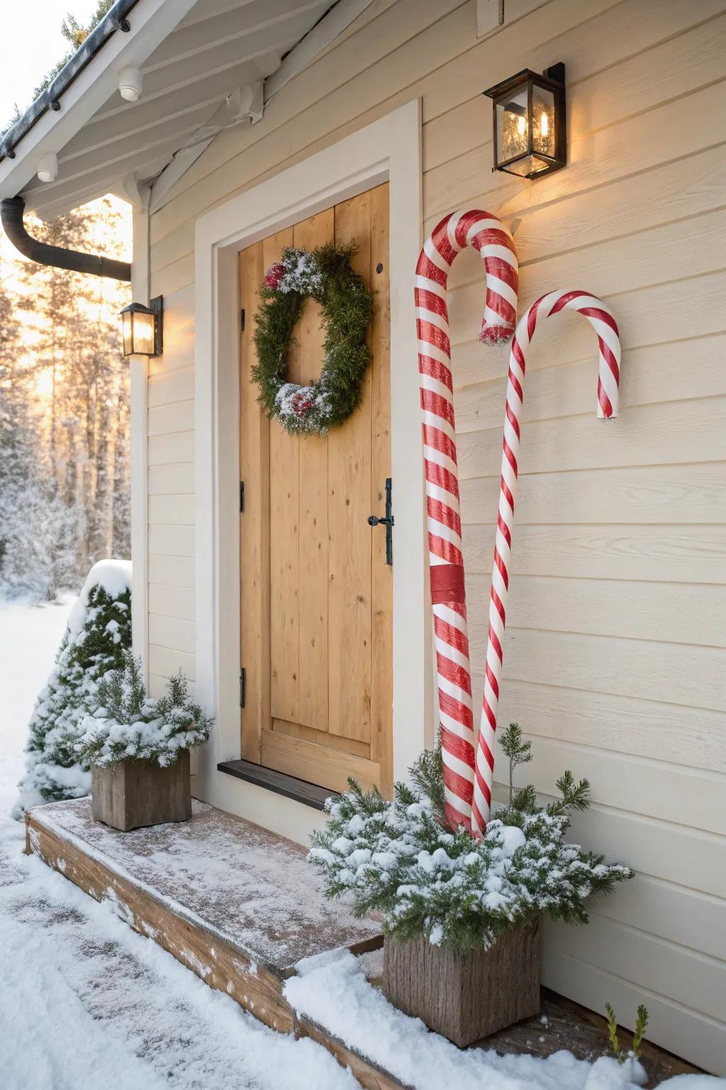 Create a snowy wonderland with candy canes dusted in faux snow for a cozy holiday feel.