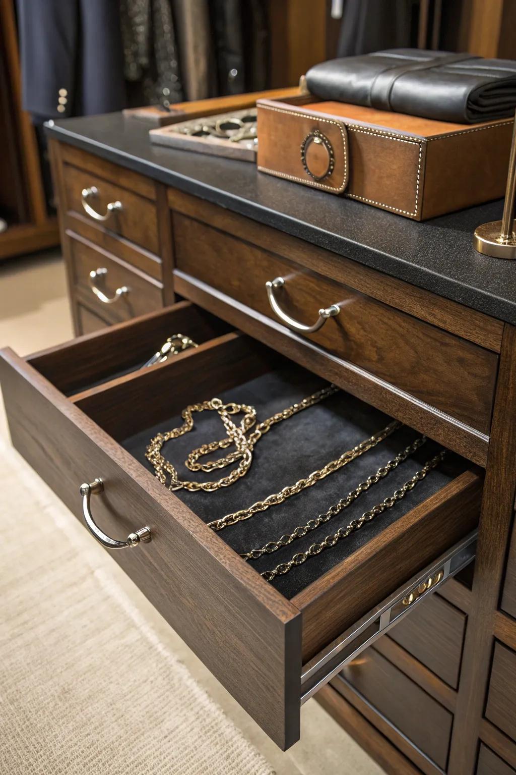 Keep chains out of sight and organized with a hidden drawer storage system.