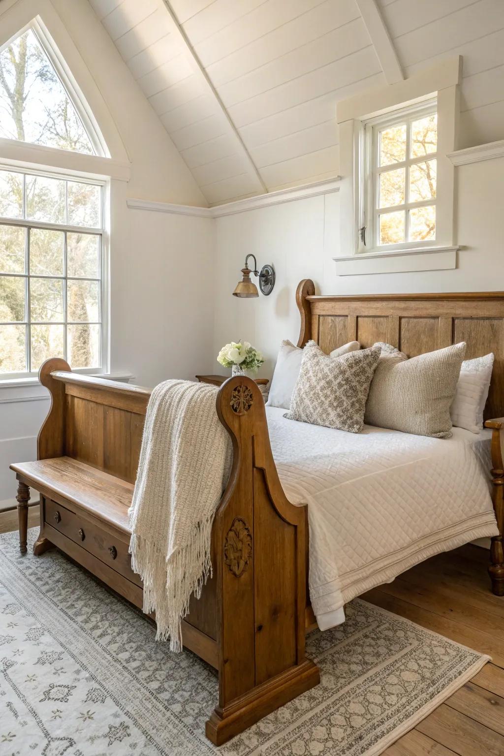 Complete your bedroom with a vintage touch using a church pew as a stylish bench.