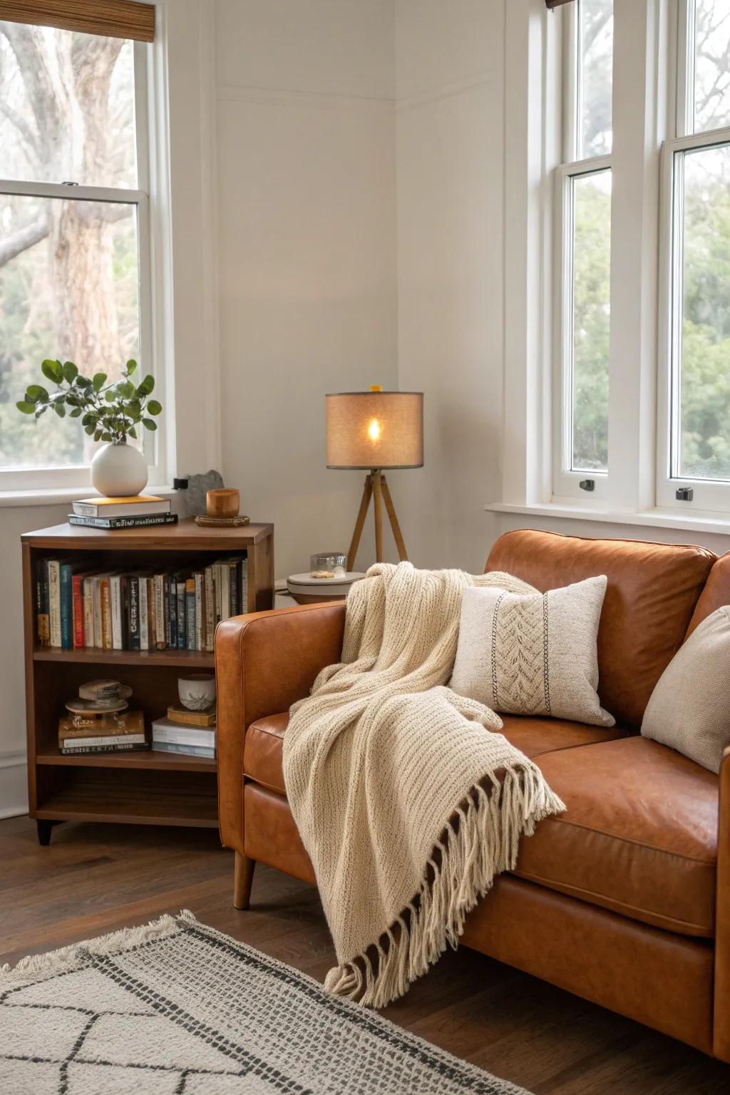 Escape into your favorite stories with a cozy reading nook centered around your cognac couch.