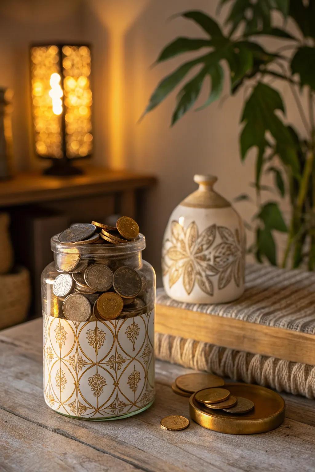 Add a touch of whimsy with decorative jars that store your coins in style.