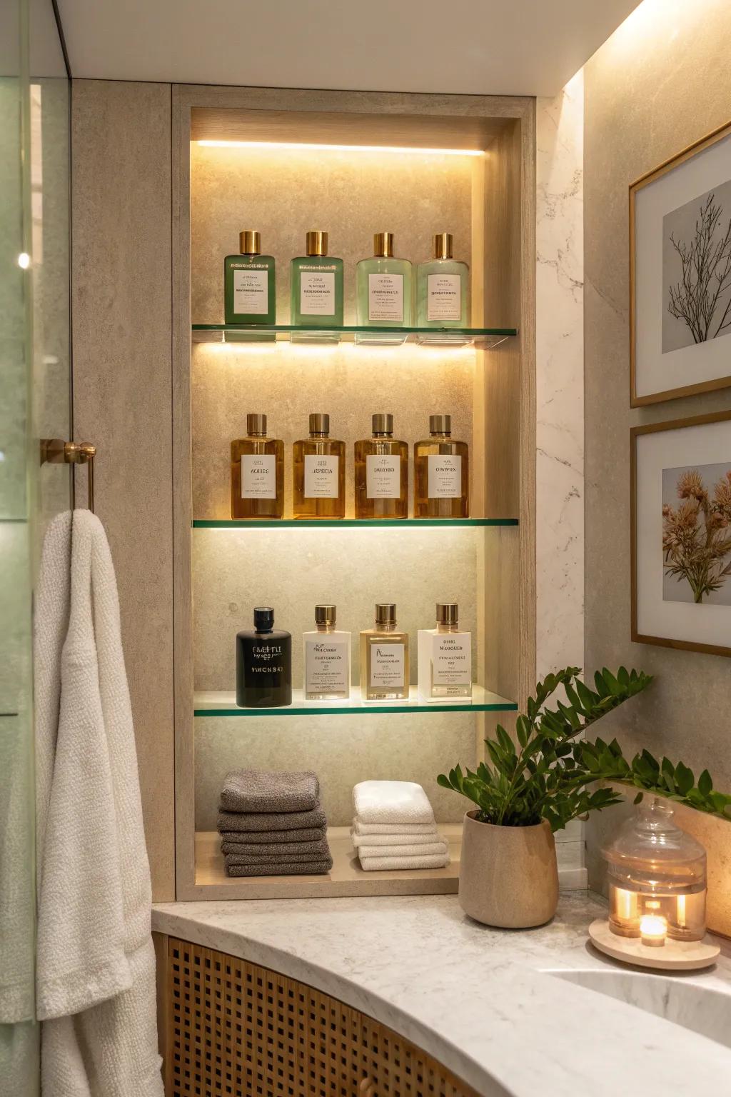 Create a sleek and seamless look with recessed shelving that integrates cologne storage into your walls.