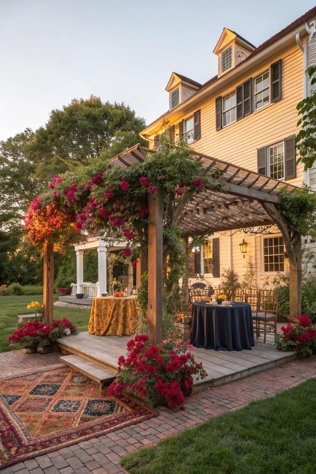Enhance your garden with a pergola that adds shade and colonial charm. 🌿 #GardenDesign #Pergola #ColonialHome