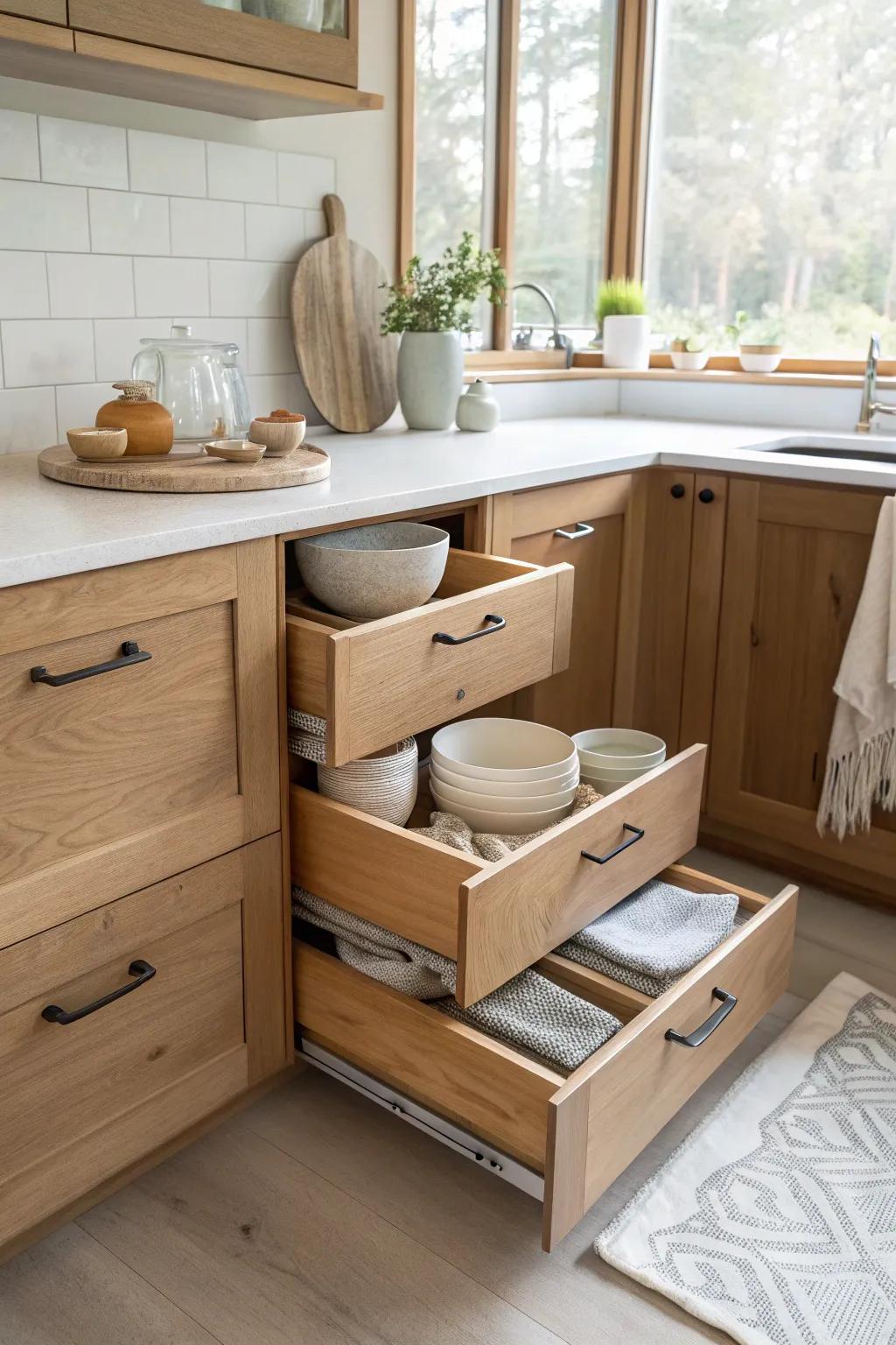 Discover the charm of corner drawers for your kitchen essentials. 🌟 #DrawerDesign #KitchenSolutions