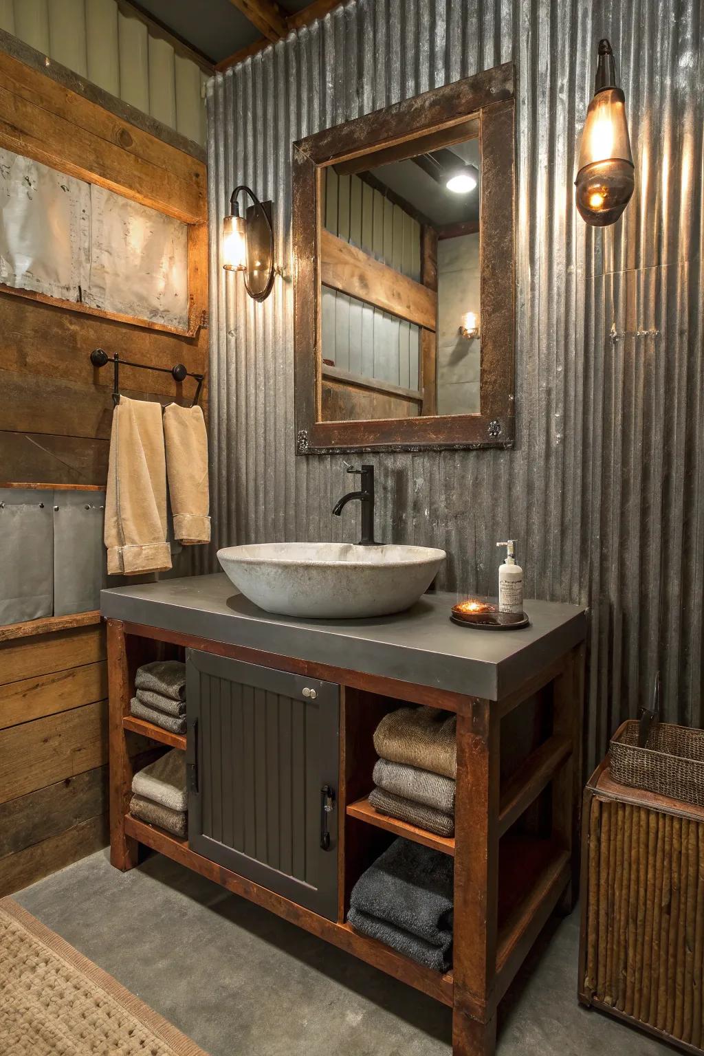 Add rugged charm to your bathroom with an industrial-style vanity.