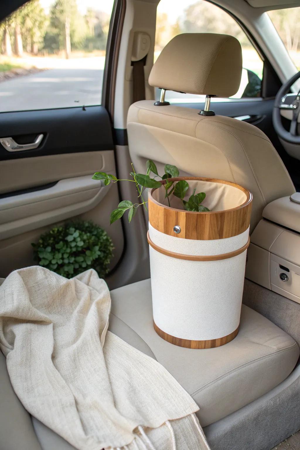 Stay neat and chic with a stylish trash bin that adds function and flair to your car.