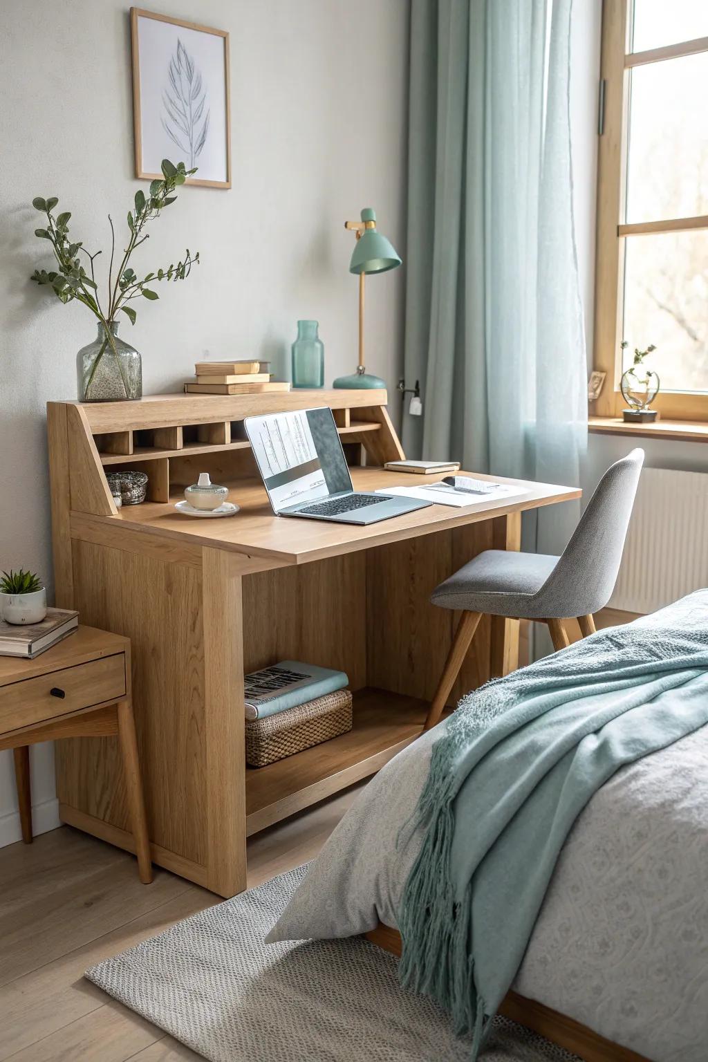 Hidden Gem: A smartly integrated desk keeps your sanctuary serene and clutter-free. 🌿 #SmartDesign #ClutterFree