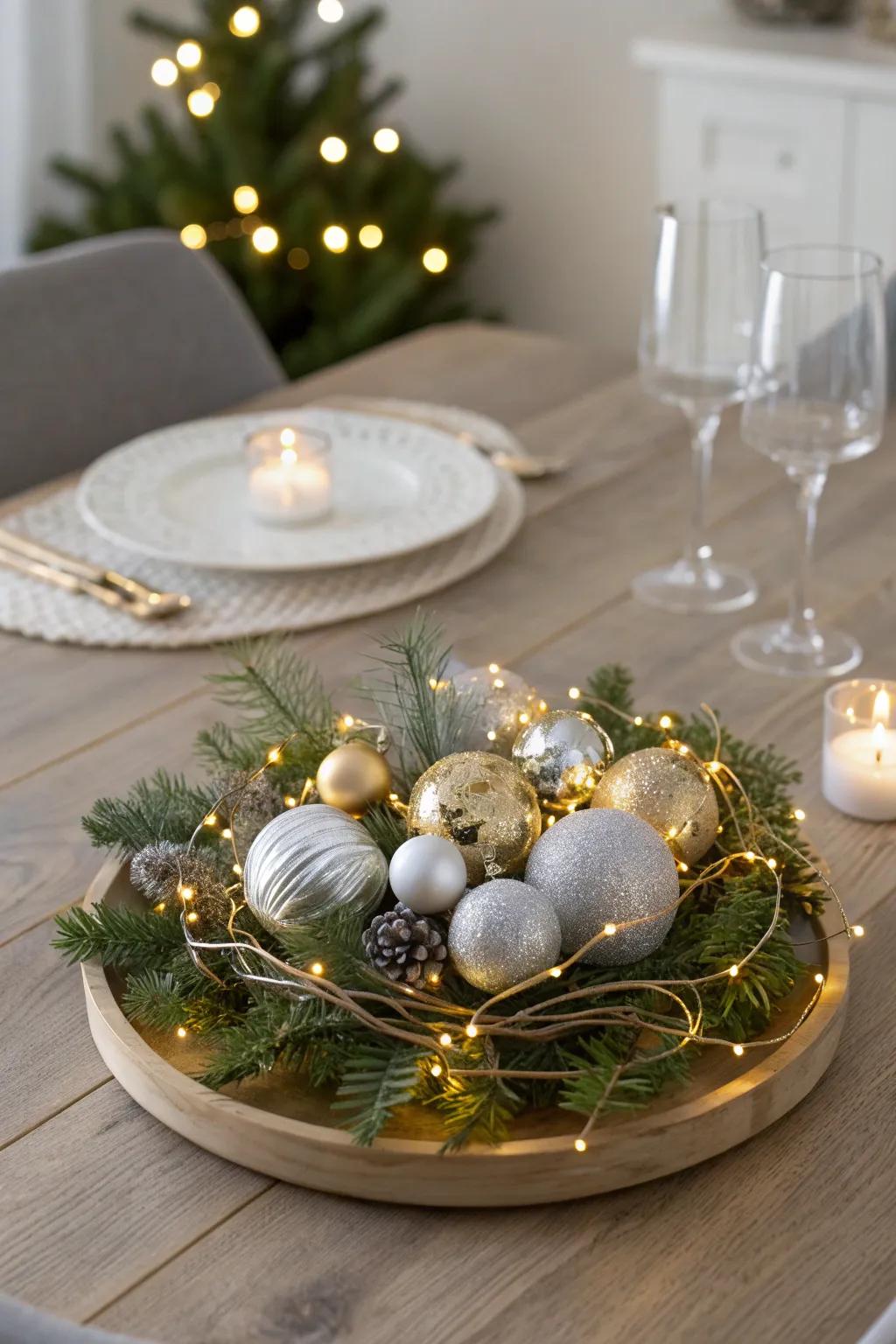 Celebrate the holidays with a cheerful display of ornaments and fairy lights.