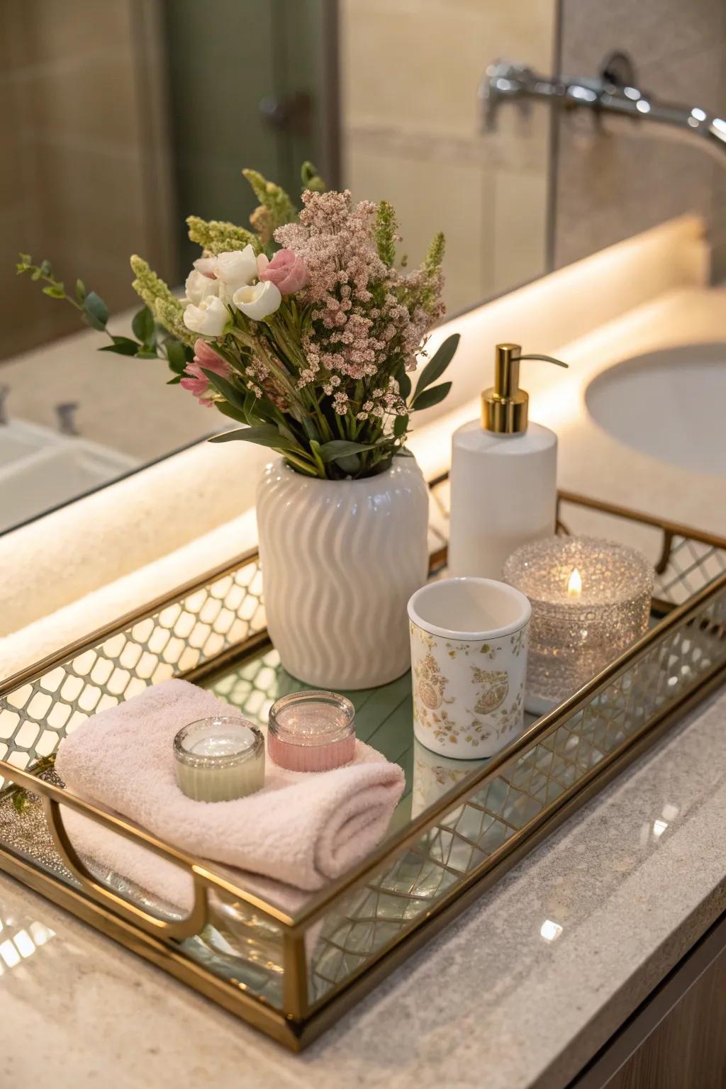 Elevate your bathroom style with a chic glass tray. #ElegantLiving #GlassElegance
