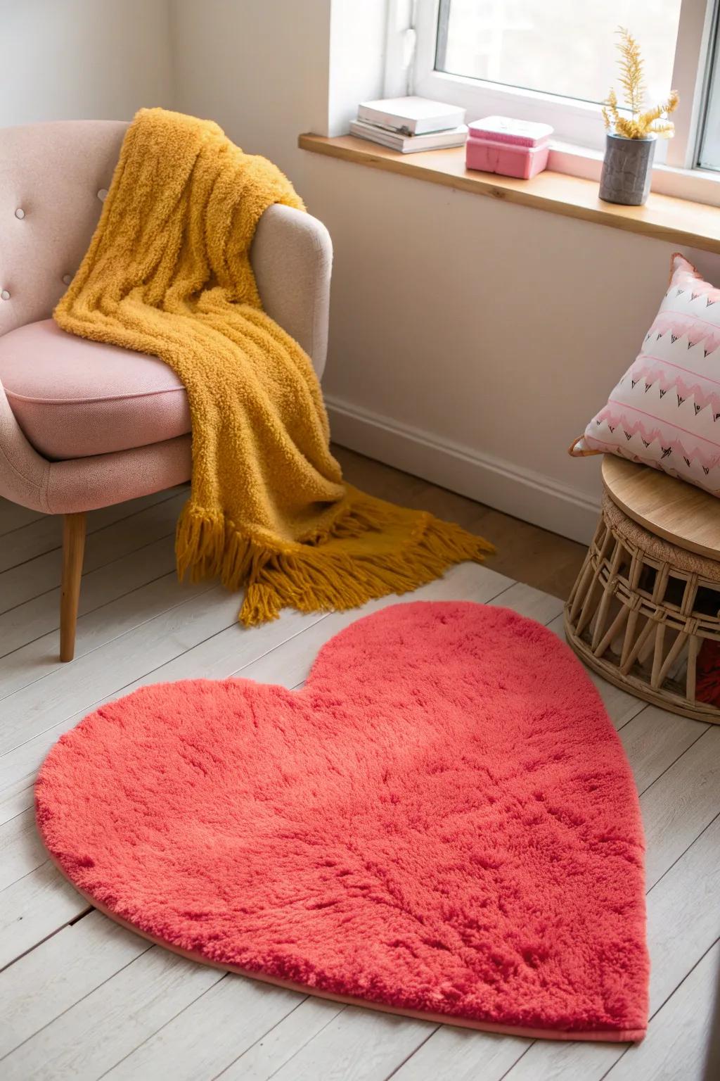 Add warmth and style to your space with a plush heart-shaped rug.
